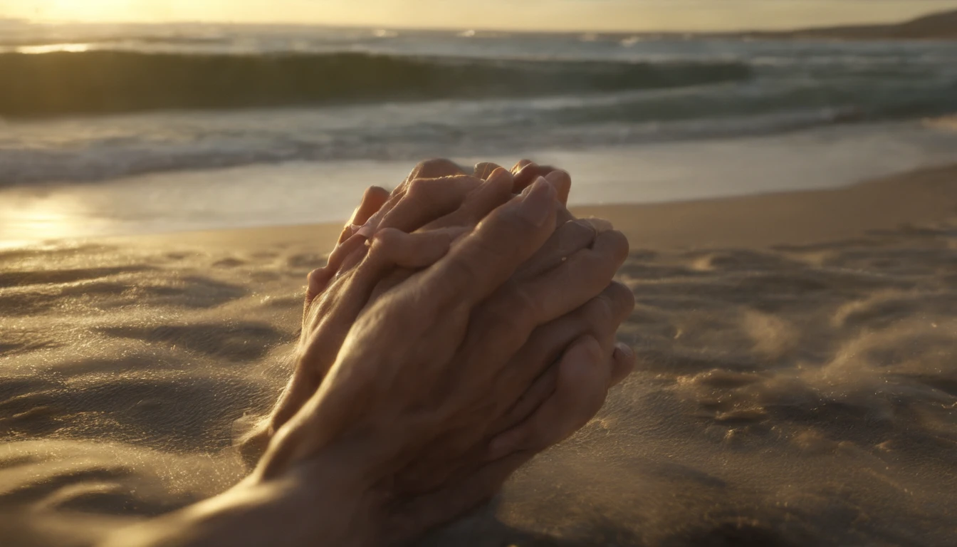 SENTIDO DO CINEMA,Beautiful night by the sea,Scene of people with their hands joined in prayer,Ondas branco-prateadas batendo contra a praia,setting sun