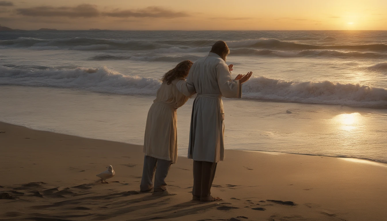 SENTIDO DO CINEMA，Beautiful night by the sea，Scene of people with their hands joined in prayer，Ondas branco-prateadas batendo contra a praia，setting sun