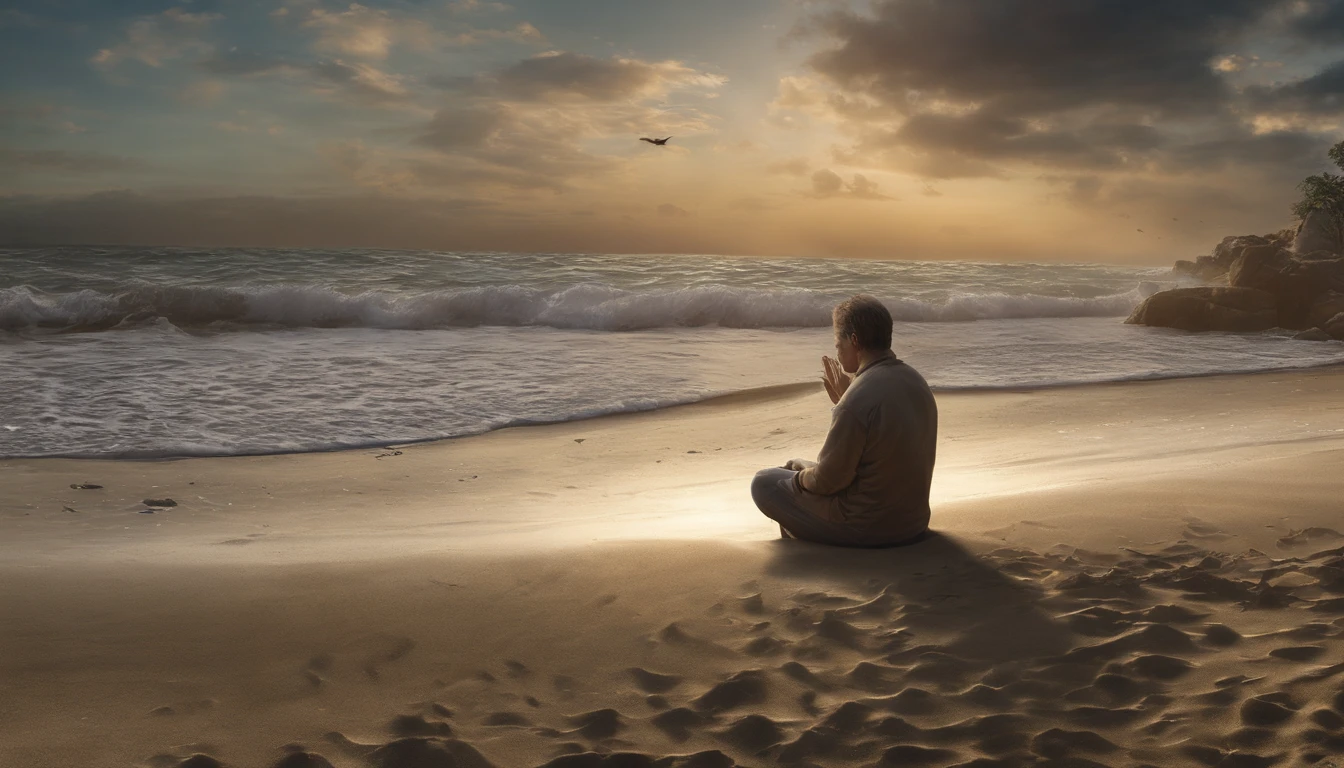SENTIDO DO CINEMA,Beautiful night by the sea,Scene of people with their hands joined in prayer,Ondas branco-prateadas batendo contra a praia,setting sun
