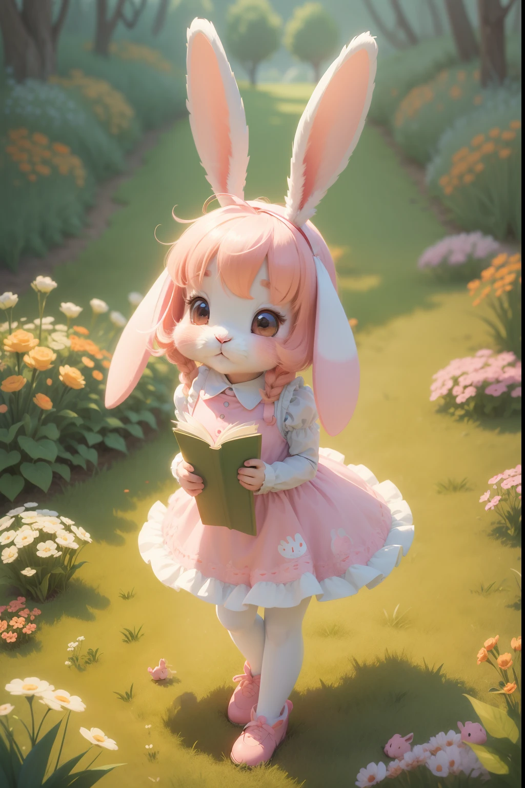 cartoon rabbit with a carrot and a bird in the grass, a storybook illustration inspired by Beatrix Potter, shutterstock contest winner, digital art, cute anthropomorphic bunny, the rabbit has pink fur, cute digital art, the bunny has pink fur, cute detailed digital art, hand painted cartoon art style, ultrarealistic sweet bunny girl, with bunny rabbit ears