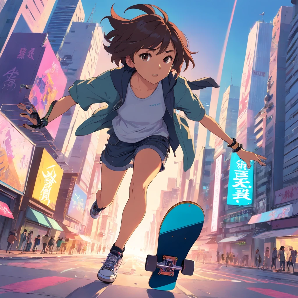 Skateboarding hero flying over the cyberpunk city in streets with tall buildings and graffiti