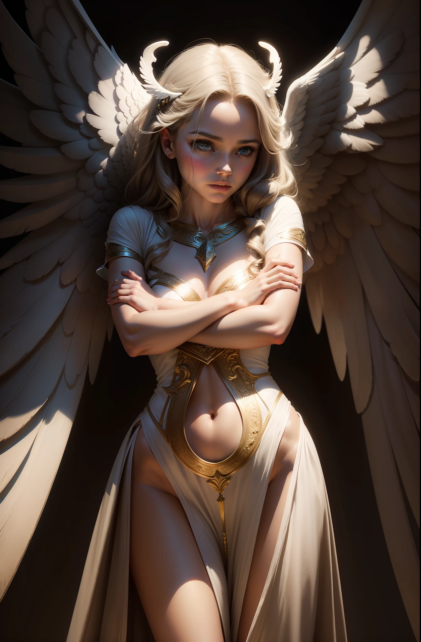 angel, cinematic full body shot, extremally bent, looking at camera, angel wings