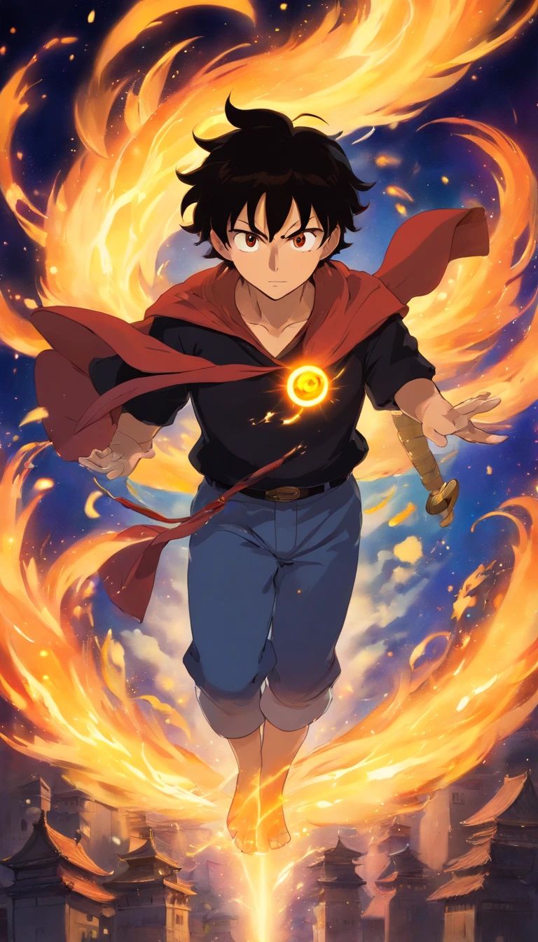 a painting that represents the essence of magic in your world, mostrando o cabelo preto, protagonista: Man with bright golden eyes with a mystical black mark on his neck immersed in a cascade of magical fire energy, with glowing particles dancing around him and arcane symbols forming in the air