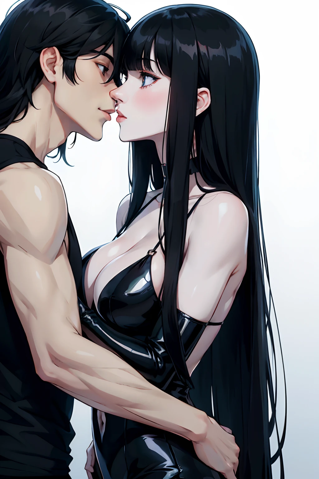 Pale man long black hair and black clothes kissing a pale woman with black hair with bangs