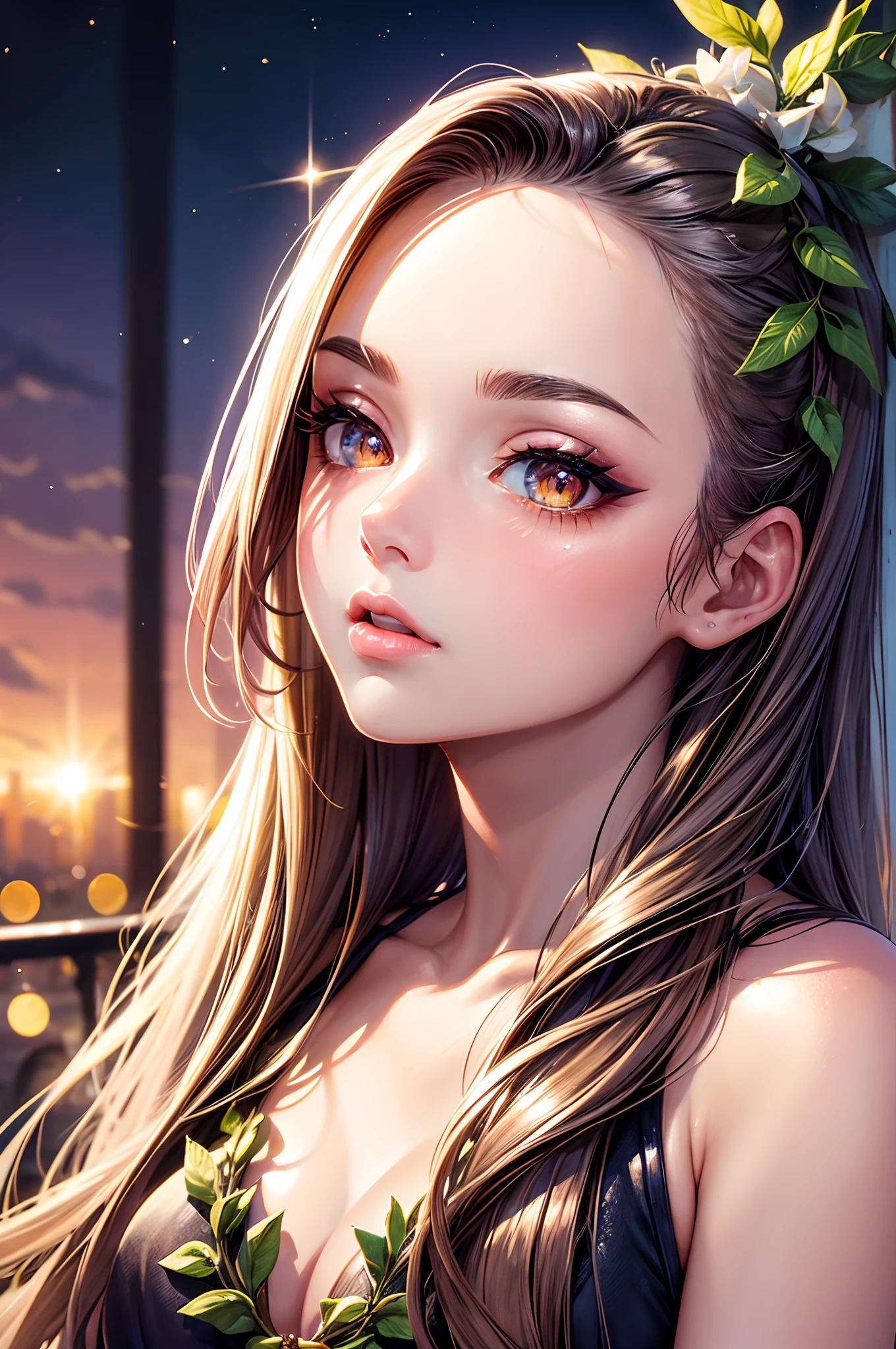 masterpiece, best quality, depth of field, extremely detailed hottie girl in foreground, full body view, wreath, afternoon tea cafe, ultra-detailed, illustration, detailed light, beautiful detailed eyes, sharp focus, long eyelashes, moonlight, watercolor, kawaii, slit pupils, glitter hair, hair, floating hair, long hair, Miscellaneous Cafe background, sharp focus, glossy lips, forehead, brow, from side, glossy skin, backlighting high-quality, high-res