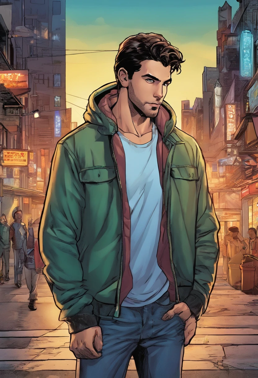 (highres,best quality),(realistic,photorealistic:1.37),detailed eyes and face,adult male,standing,holding hands,body position,confident posture,urban background,nighttime cityscape,vivid colors,lit by streetlights,city lights reflecting in his eyes