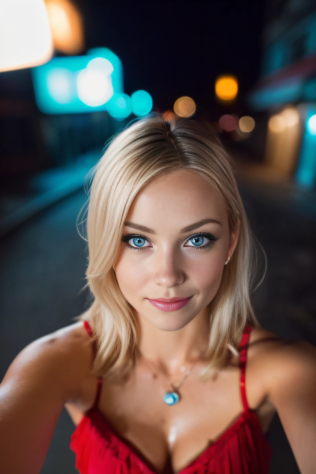 (selfie shot, from above:1.4), (half body postrait:1.4), RAW uhd portrait photo of a 24-year-old blonde (blue-eyed woman) walking down a dark alleyway, natural breasts_b, nighttime city background, (red sundress), (cleavage), detailed (textures!, hair!, shine, color!!, imperfections:1.1), highly detailed glossy eyes, (looking at the camera), specular lighting, dslr, ultra quality, sharp focus, tack sharp, dof, film grain, (centered), Fujifilm XT3, crystal clear, center of frame, cute face, sharp focus, street lamp, neon lights, bokeh, (dimly lit), low key, at night, (night sky) detailed skin pores, oiled skin, tan, intricate eye detail