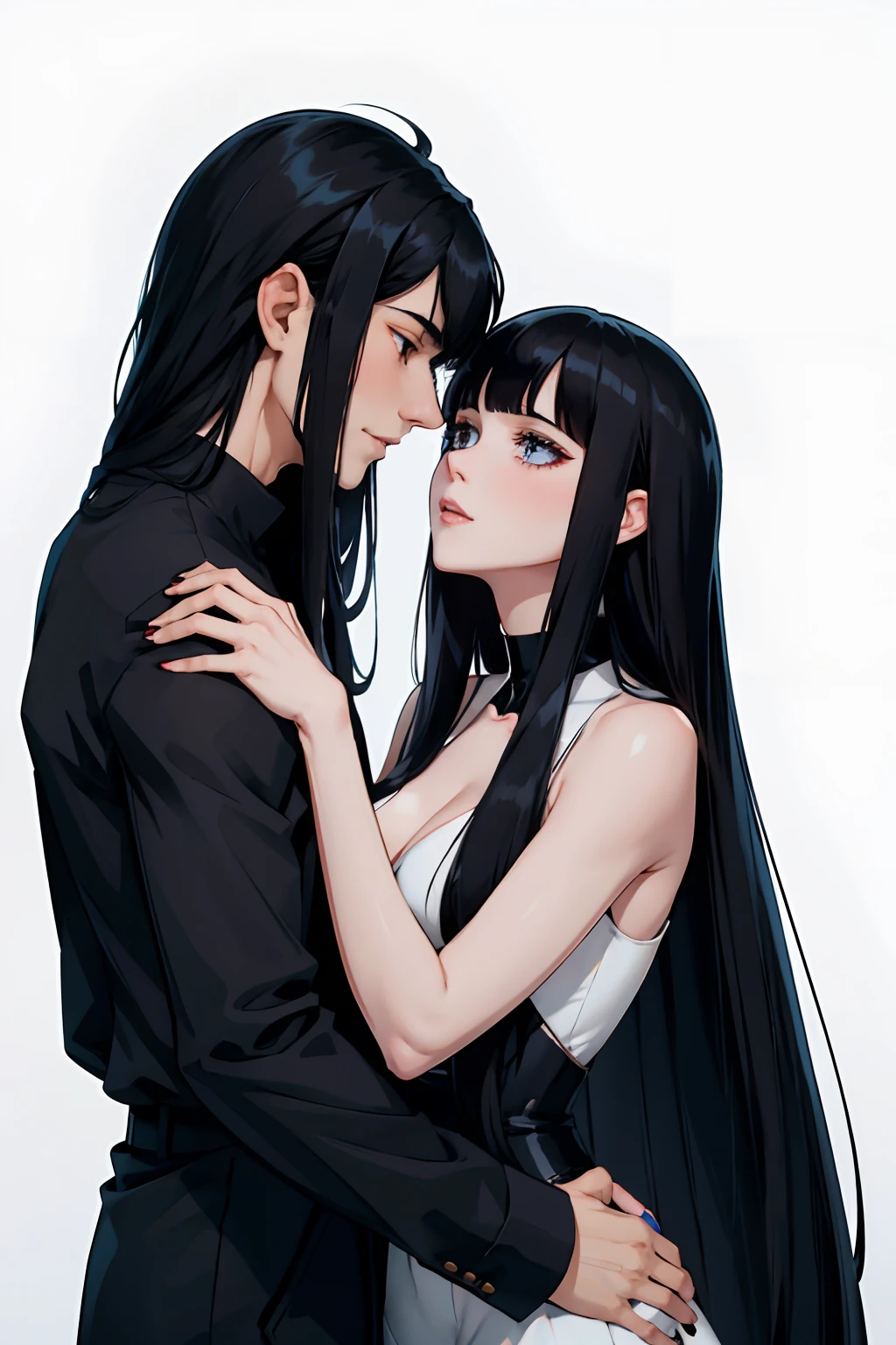 Pale man long black hair and black clothes kissing a pale woman with black hair with bangs