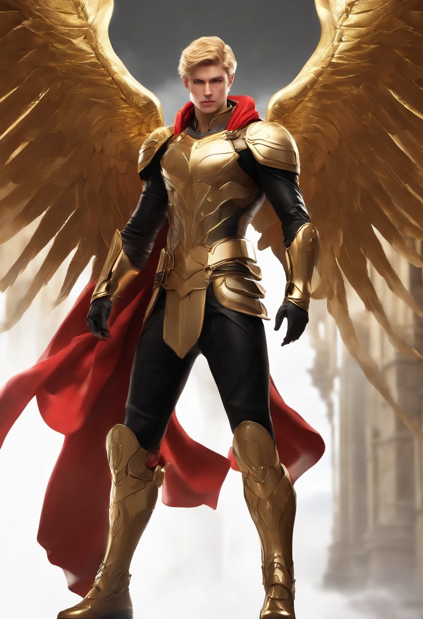 (golden short hair,strong male character,black clothing,golden armor,red cloth tied around waist,angel wings,full body,heroic pose),(sharp focus,physically-based rendering,professional,vivid colors),(concept artists)