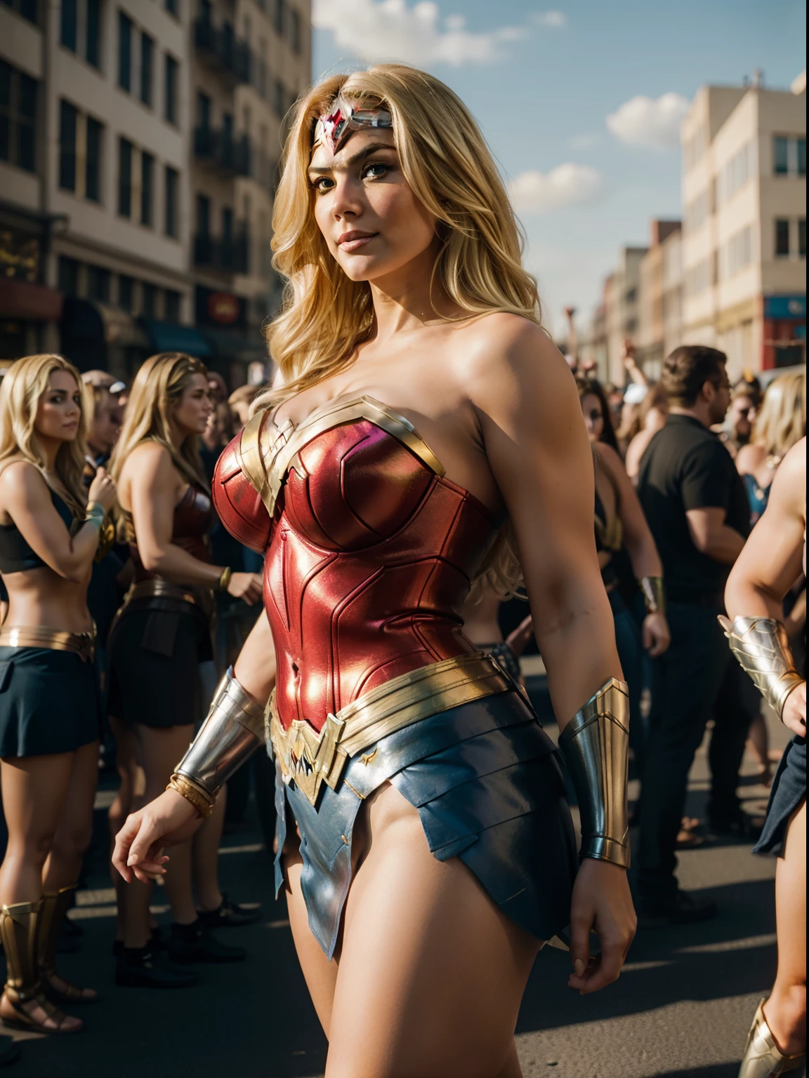 Take a portrait of a MIlf Blonde Hair Plus size standing with the theme of Wonder Woman's costume with vibrant blonde hair and a crowd in the background, She's happy and posing as Wonder Woman. High-contrast illumination with incoming wind sunlight. RAW export with amazing LUT lighting.