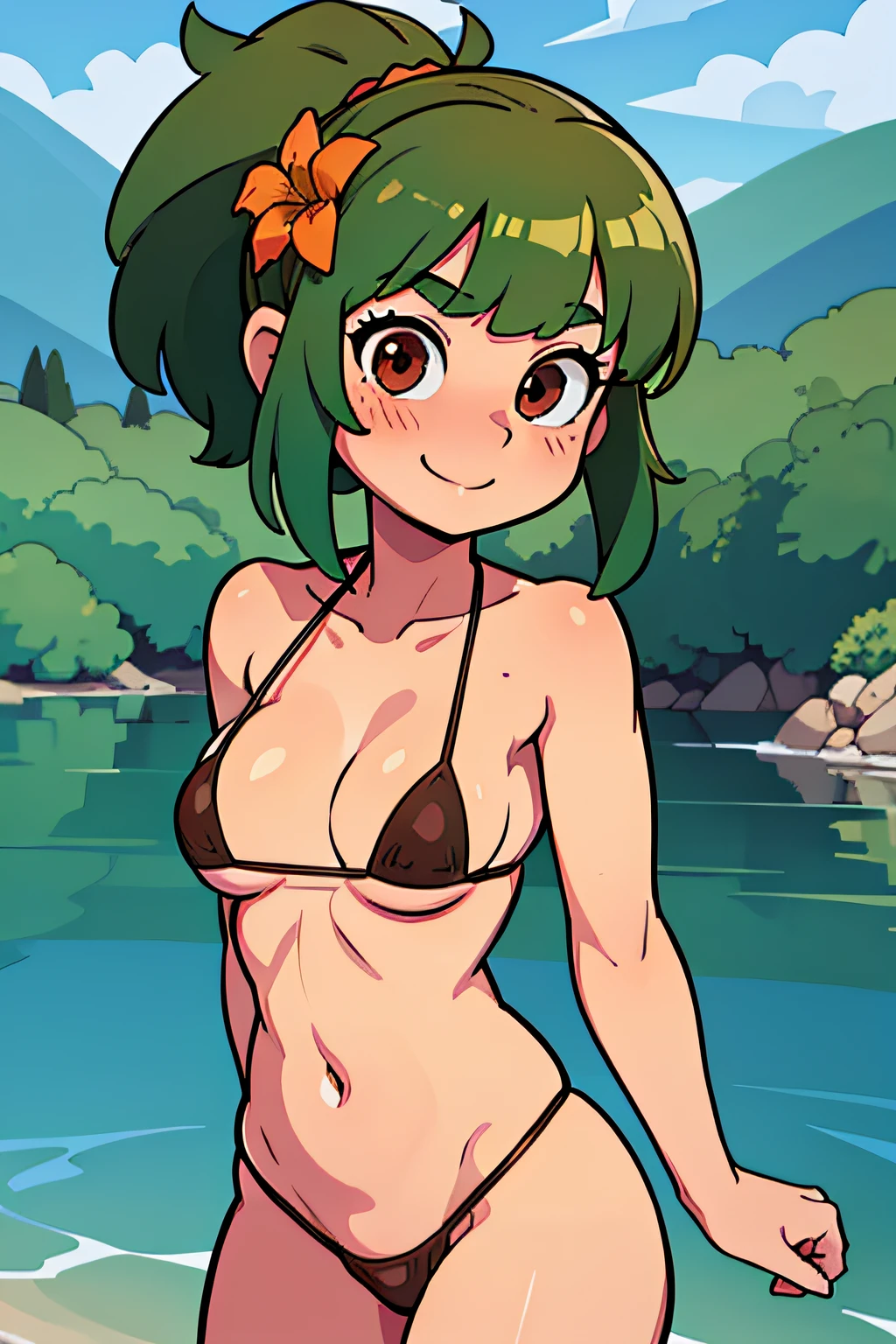 (8k, RAW photo, best quality, masterpiece: 1.4), ultra high definition, (realistic, photorealistic: 1.48), cute girl, (brown Ultra micro bikini:1.48), hot girl, hair flower, hair ornament, blushing, (green hair:1.4), ponytail, bangs, smiling, red eyes, head tilt, cowboy shot, from the side, looking at viewer, embarrassed, beautiful lake, whole body, super wide angle,