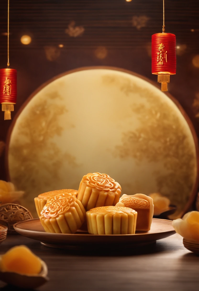 Commercial shooting, Cantonese egg yolk mooncakes, Mooncake size, poster for, Fresh style background, elegant, Booth lighting, Attractive, photorealistic colors, Ultra HD