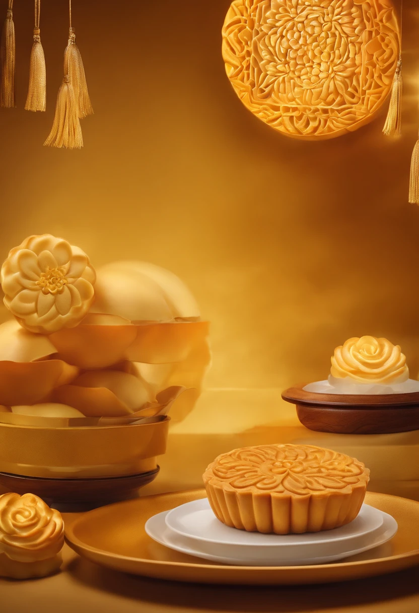 Commercial shooting, Cantonese egg yolk mooncakes, Mooncake size, poster for, Fresh style background, elegant, Booth lighting, Attractive, photorealistic colors, Ultra HD