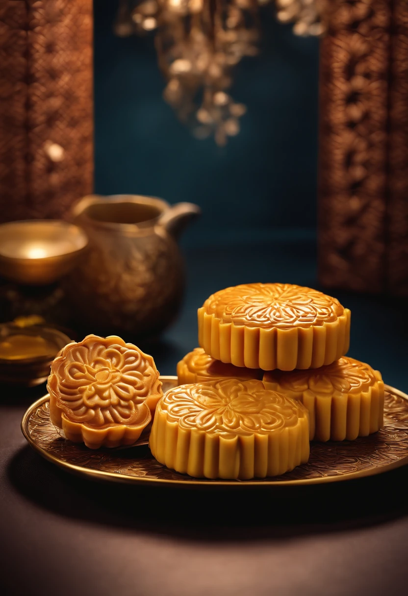 Commercial shooting, Cantonese egg yolk mooncakes, Mooncake size, poster for, Fresh style background, elegant, Booth lighting, Attractive, photorealistic colors, Ultra HD