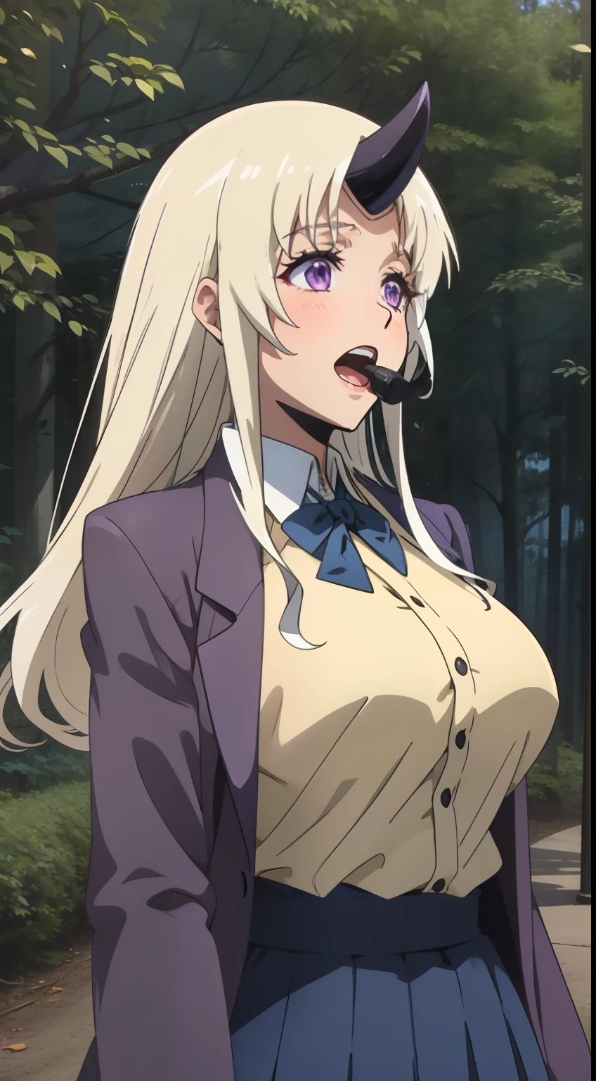 1woman,solo,40s,happy face,teacher outfit,medium tits, white hair,long hair,purple eyes,horn,standing in front of a forest, mouth open,