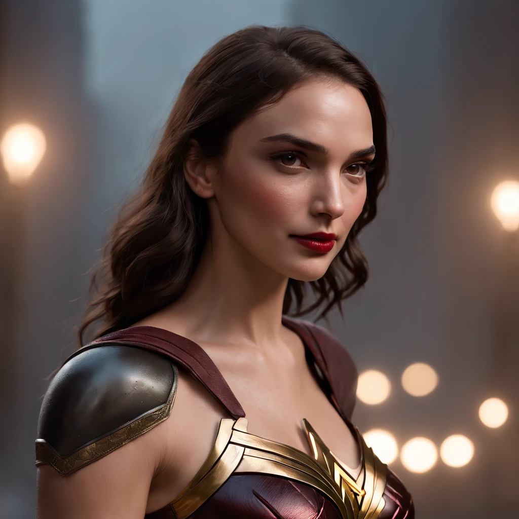 (professional 3d render:1.3) af (Realistic:1.3) most beautiful artwork photo in the world,(((gal gadot))) as harley quinn at a realistic gothan city with night lighs, full body 8k unity render, action shot, skin pore, very dark lighting, heavyshading, Detailed, Detailed face, (vibrant, photograph realistic, Realistic, Dramatic, Dark, Sharp focus, 8K), (Old leather garments damaged by weathering:1.4), ((((Wear fur)))), (Intricate:1.4), decadent, (Highly detailed:1.4), Digital painting, rendering by octane, art stations, concept-art, smooth, Sharp focus, illustration, Art germ, (loish:0.23), wlop ilya kuvshinov, and greg rutkowski and alphonse mucha gracias, (Global illumination, Studio light, volumettic light), heavy rain, particles floating, lotr, fantasy, elf, full bodyesbian, ((Dark and ancient city background:1.3)),CGSesociety,art stations