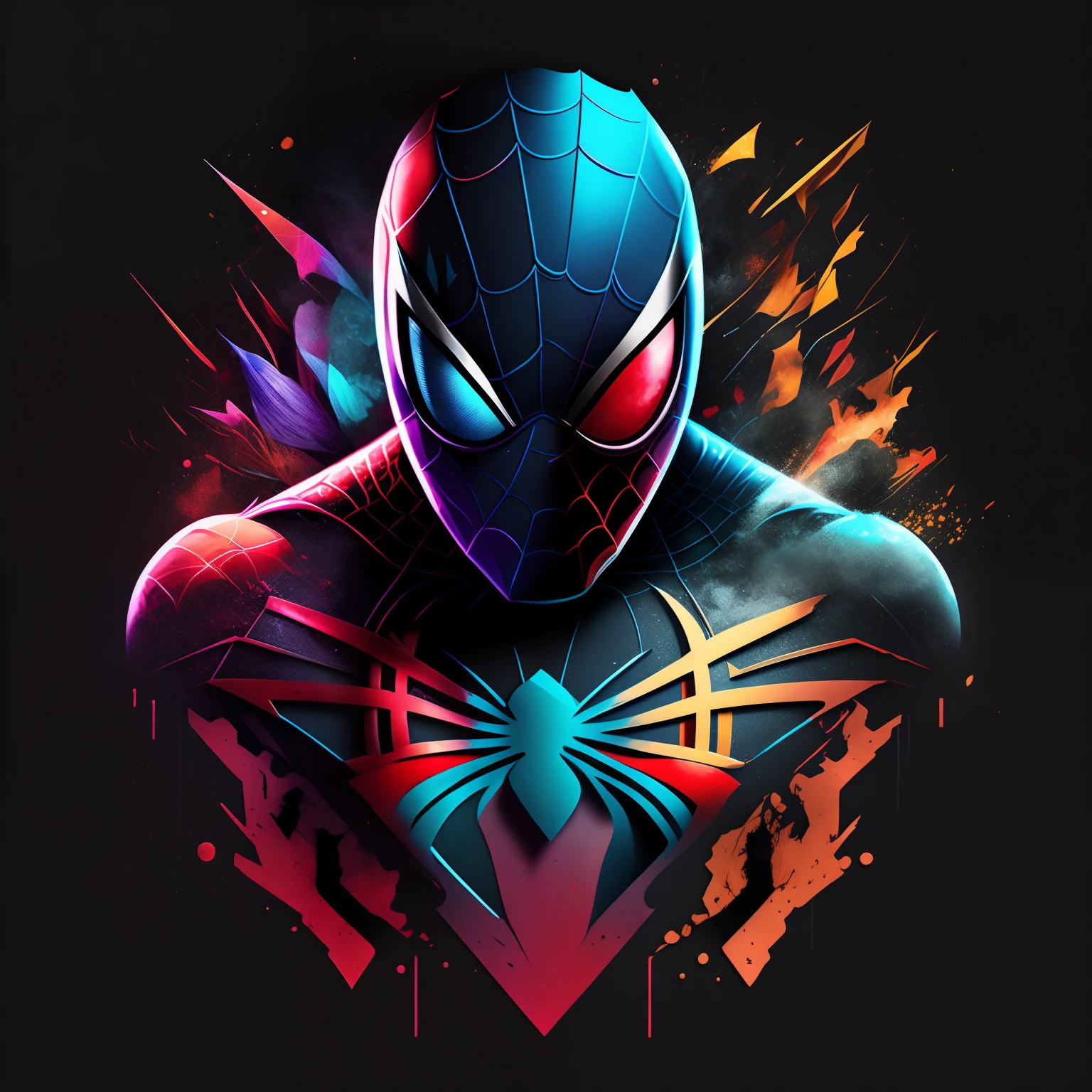 (best quality), (masterpiece), (detailed), 8K, Eye-catching abstract t-shirt design features a bold, centered digital illustration of an awe-inspiring Spiderman. The splash art and sticker art stand out against a sleek black background.