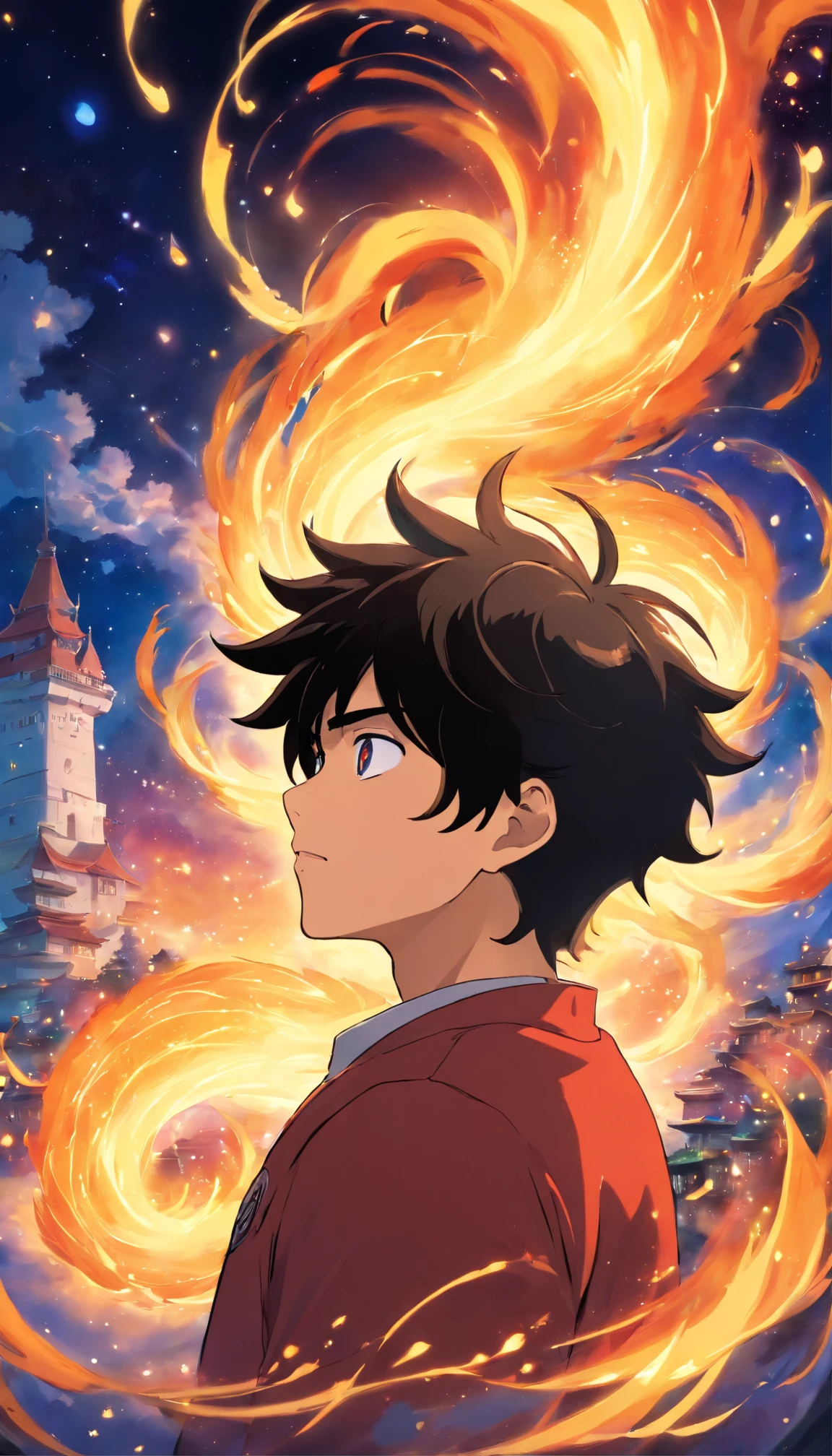 a painting that represents the essence of magic in your world, mostrando o cabelo preto, protagonista: Man with bright golden eyes with a mystical black mark on his neck immersed in a cascade of magical fire energy, with glowing particles dancing around him and arcane symbols forming in the air