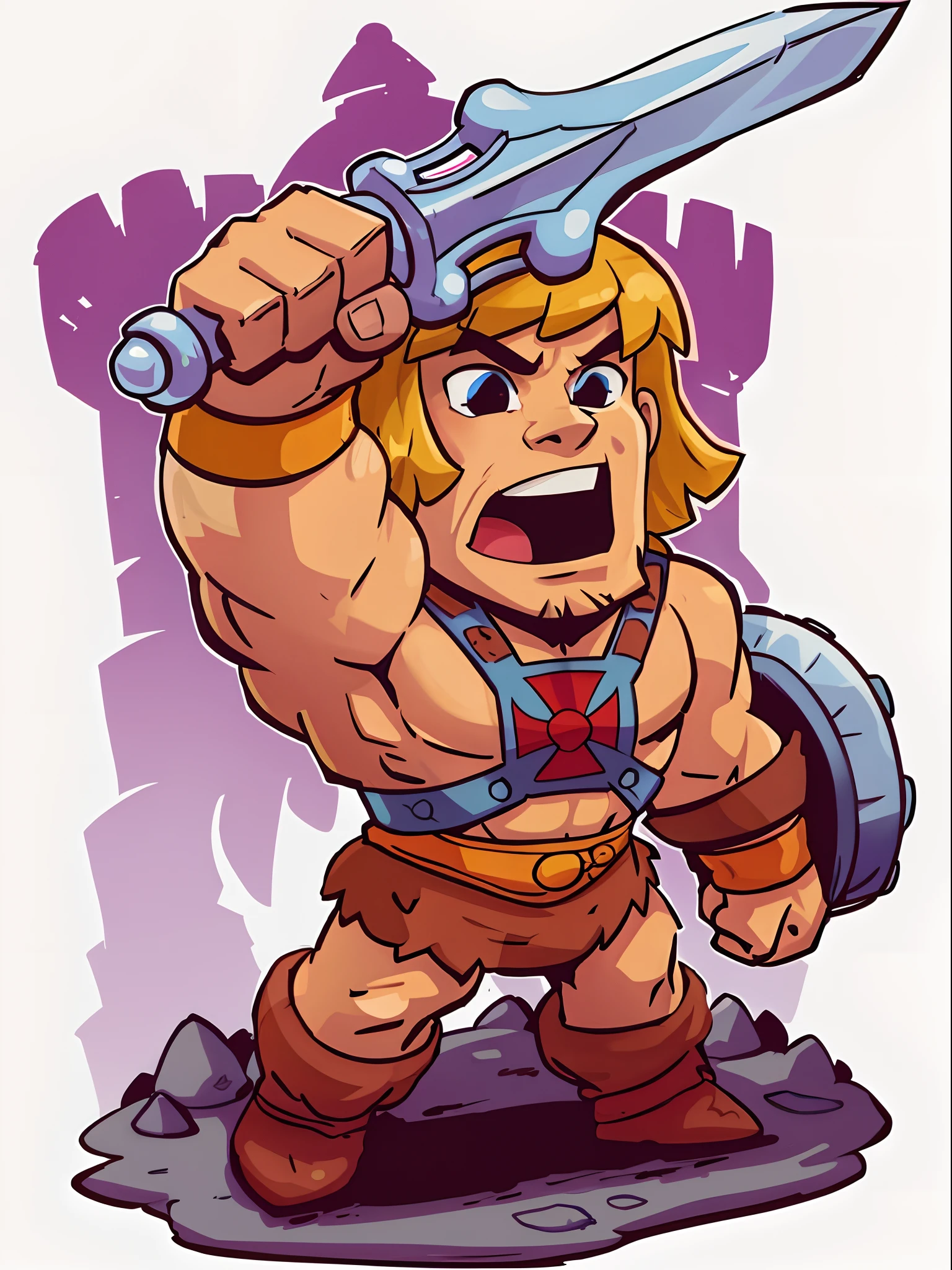 a cartoon picture of a man with a sword in his hand, Estilo Heman, ele - homem!!!!!, He-Man!!!!!, retrato de he - homem, He-Man, ele - homem, ele homem, He-Man com um jeito sombrio, barbarian celebrate his birthday, barbarous, pintura retrato de ele - homem, mobile game art, imagem vazada NO CASTELO DE GRAYSKULL