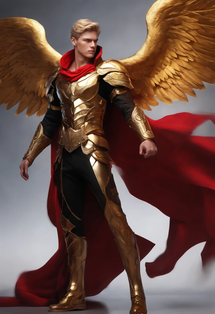 (golden short hair,strong male character,black clothing,golden armor,red cloth tied around waist,angel wings,full body,heroic pose),(sharp focus,physically-based rendering,professional,vivid colors),(concept artists)