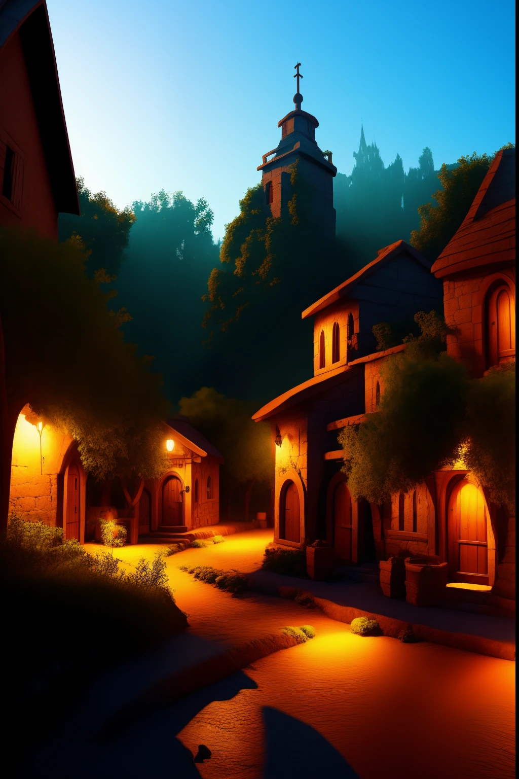 RPG, D&D, small village, rpg town, fantasy small village, dark image, middle of the night, medieval, (A large clock tower) (small village), dark