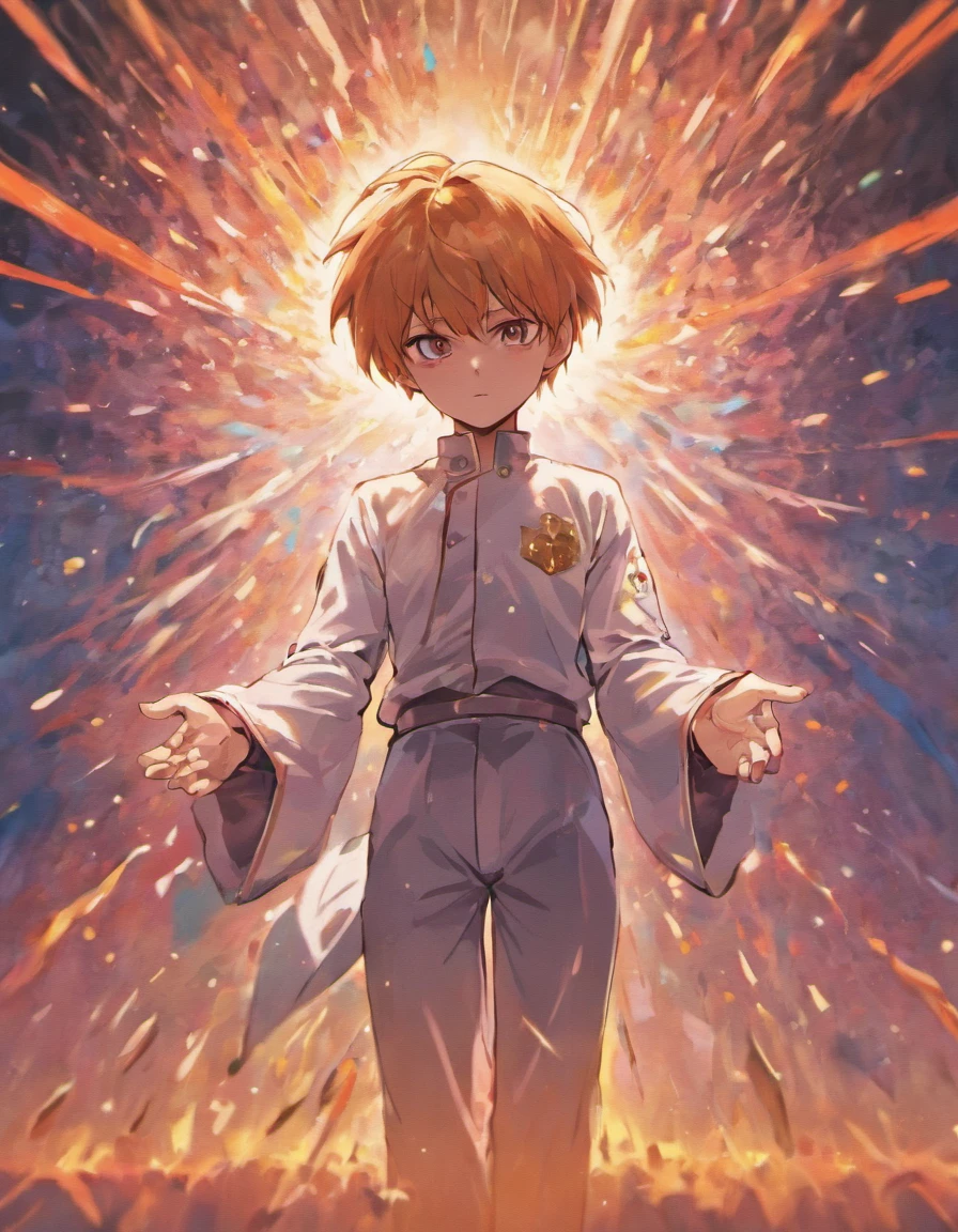 (best quality,highres),man standing in body position of person holding hands, detailed hands, powerful stance, strong and confident expression, intense gaze, dramatic lighting, glowing aura, monochrome color scheme, oil painting style, realistic rendering of skin texture and wrinkles, atmospheric background, dynamic brushstrokes, vivid and vibrant colors