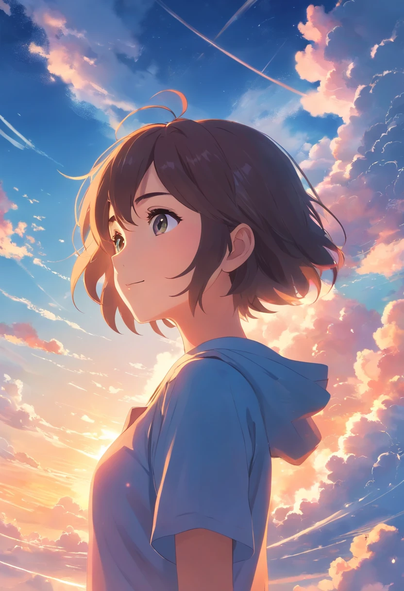 masterpiece, best quality, movie still, 1girl, cloud girl, floating in the sky, close-up, bright, happy, warm soft lighting, sunset, (sparks:0.7)