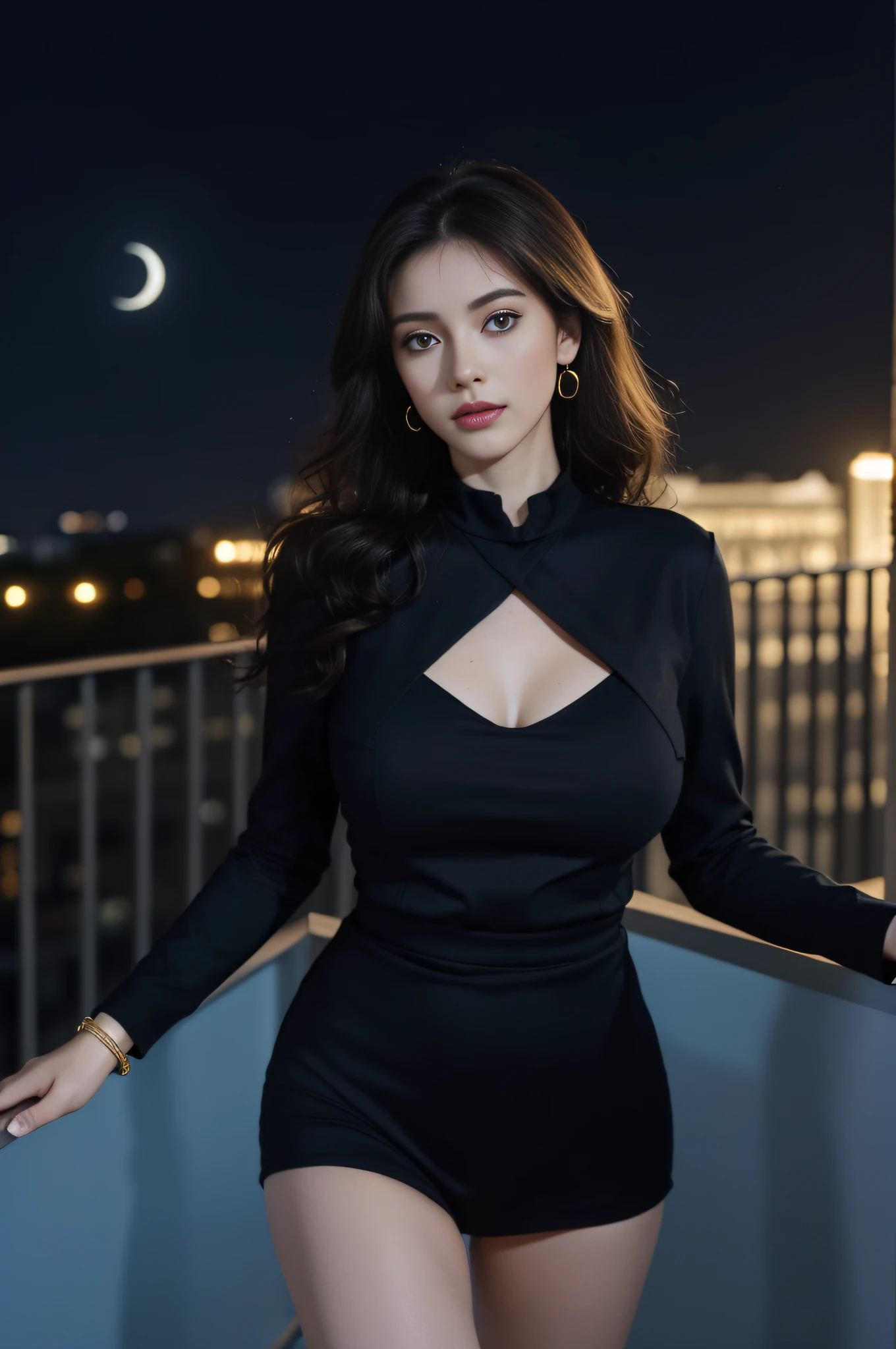 ((Minuit, beste-Qualit, 8k, master piece :1.3)), Corps entier, Longues jambes, Mise au point nette :1.2, A pretty European woman with a perfect figure :1.4, Slender abs :1.1, ((Cheveux noirs, curly hair, yeux bleus, Huge-breasts, :1.2)), (tight-fitting clothing, black clothing, Golden jewelry, boucles d'oreilles, bracelets, collier, Debout :1.2), ((Nuit, clair de lune, stars, rideaux, balcon, luxurious hotel:1.3)), Highly detailed facial and skin texture, detailled eyes, double eyelidwork