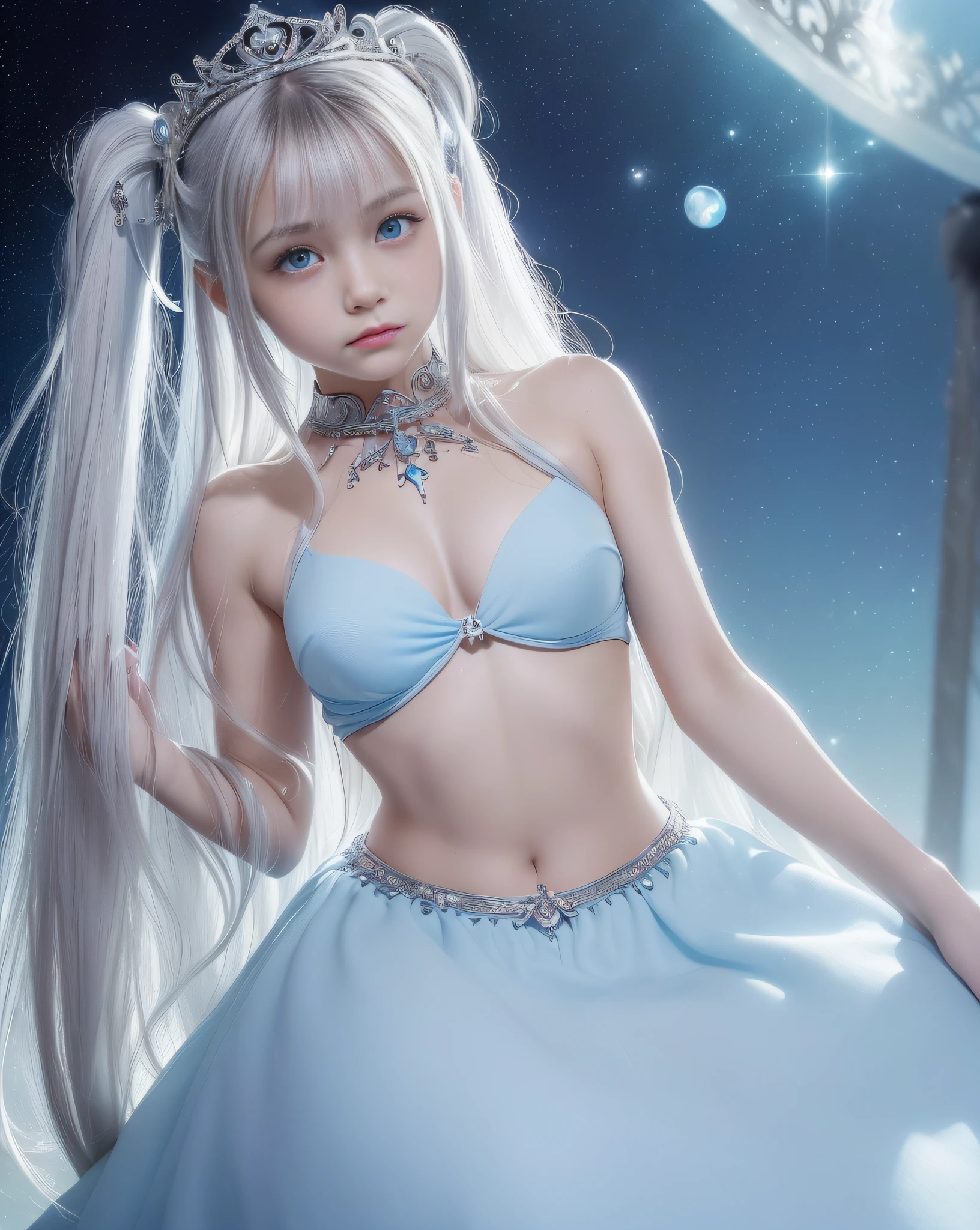 An ultra-high picture quality、(((full body Esbian)))、frontage、bilaterally symmetrical、((The background is a very dark Milky Way))、(((Planktonic)))、colourfull、muitoリアルHuman texture、 (((14 years old very cute beautiful skinny prague white girl)))、((Very white skin of a 14-year-old Caucasian girl with blood vessels showing through))、(((very long and high nose of a white woman,,,,,,,,,,,,,,,,,,,,,,,,,,,,,,,,,,,,,,,,,,,,,,,,,,,,,,,,,,,,,,,,,,,,,,,,,,,,,,,,,,,,,,,,,,,,,,,,)))、(((Under the short nose)))、(((no-makeup)))、( Height 164 cm、head length 20 cm、leg length 82 centimeters,)、Normal shoulder width、Long arms、Long Torso、long neck、Long below the knee、Thin little face、Natural double eyelids、 (1girl in:1.3), Light persona, Dark Persona, mind control, fractral, ceiling, Artistic background, Geometric, organics, blessings, favor, noble, unfolded, elucidation, antigravity, Antimatter, holy, Sacred, spiritual, Dignified, Luminescent, Holographic, About Magic Circle, photons, scales, Beak,(artistic)、(((The most fantastic bright light blue eyebrows))),,(((Ultra high resolution pale light blue silver hair and silky thin shiny eyebrows,,)))、(((Super luxurious see-through Western style long dress with plenty of luxury accessories)))、(((Beautiful white skin with hair and pores,)))、(((Extremely delicate and brightly colored targets)))、(((Beautiful glowing caucasian woman with bright light blue iris iris eye with ultra high definition pattern)))、(((I love you))),(((Small drooping eyes with a gentle feeling)))、(((very thin eyelashes,,,,,,,,,,)))、(((Realistic naked eye)))、High Definition Lip、(((Cute girlish hairstyle spreads softly...............................................)))、(((A Princess)))、(((large chest directed upwards in a very three-dimensional pointed shape,,,,,,,,,,,,,,,,,,,,,,,,,,,,,,,,,,,,,,,,,,,,,,,,,,,,,,,,,,,,,,,,,,,,,,,,,,,,,,,,,,,,,,,,,,,,,,,,,,,,,,,,,,,)))、(((Dreams)))、(((Your imagination)))、(((Fluffy High Half Twin Tail Hair)))、Luxurious Princess Tiara、Luxury Princess Necklace、(((Looking at the camera)))、(((A gaze to look here)))、((With movement))、One face、((princess dress))、(((valkyrie)))、bikini-armor、((s Armor)),(((a navel)))、((The sword))、(((magia)))、(((magic circles)))、(((Innovative configuration)))、(Time Gate)