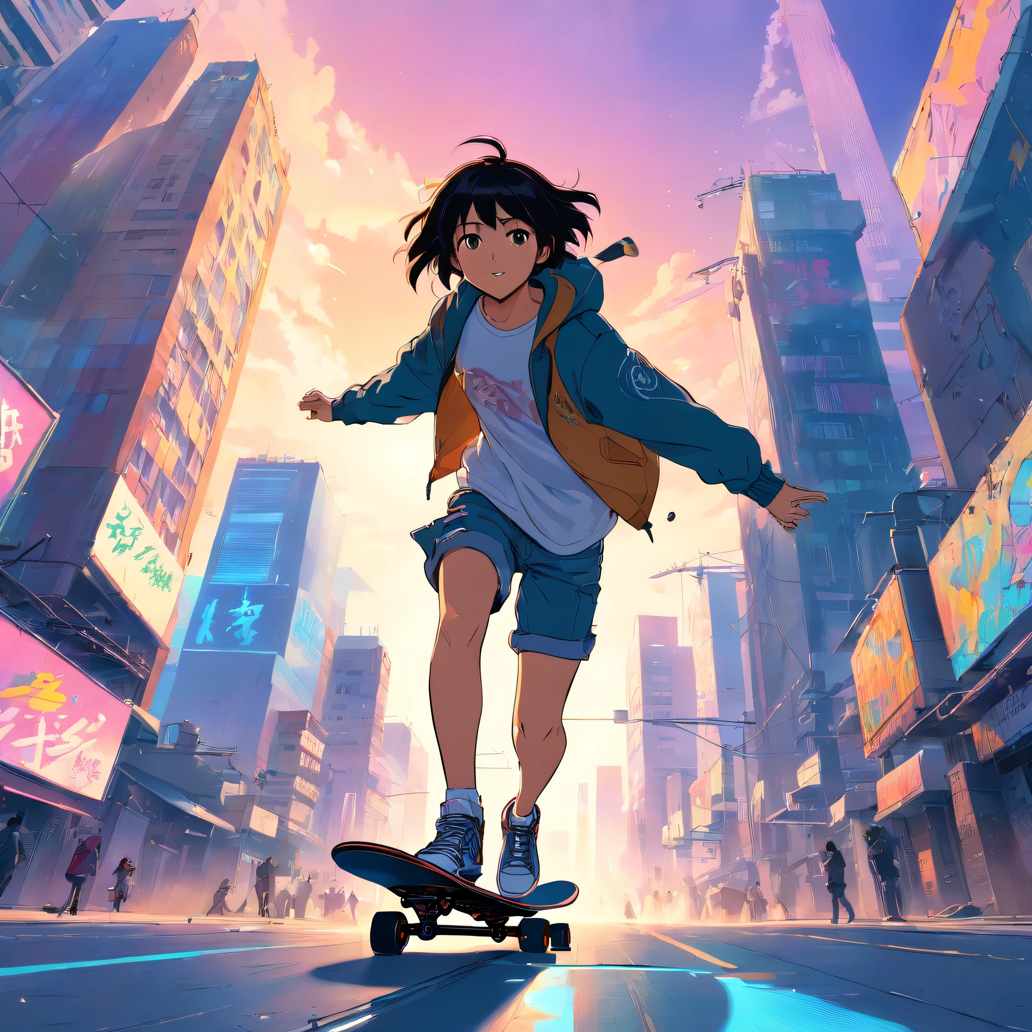 Skateboarding hero flying over the cyberpunk city in streets with tall buildings and graffiti