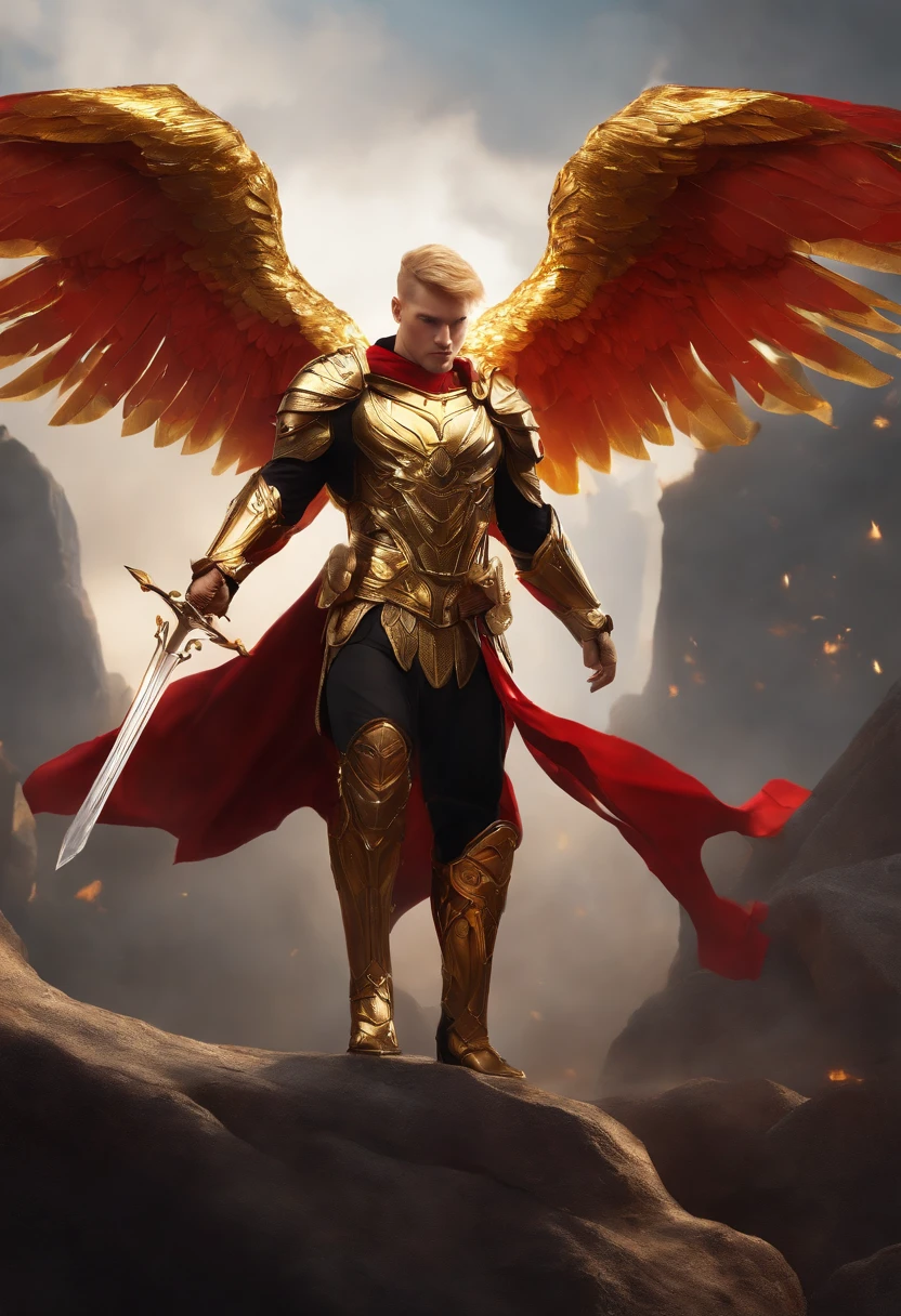 (golden short hair,strong male character,black clothing,golden armor,red cloth tied around waist,angel wings,full body,heroic pose),(sharp focus,physically-based rendering,professional,vivid colors),(concept artists)