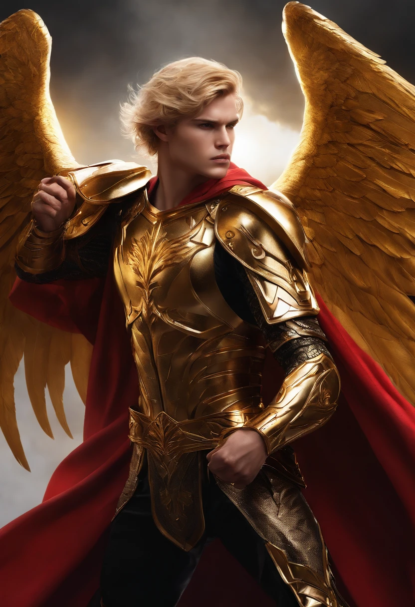 (golden short hair,strong male character,black clothing,golden armor,red cloth tied around waist,angel wings,full body,heroic pose),(sharp focus,physically-based rendering,professional,vivid colors),(concept artists)