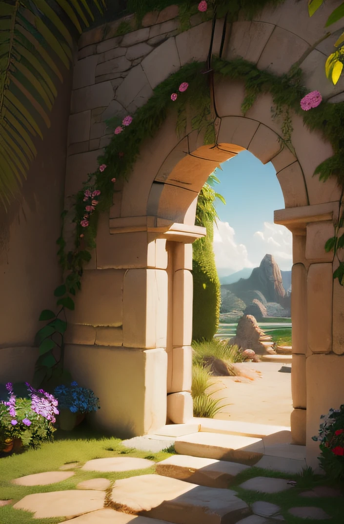 Create an image using the following text exactly as it is written : "portal de entrada, em estilo de arco" construido em pedra, As if this were a passage to another environment in the middle of a garden with high style decoration, with nice colors that provide safety and well-being