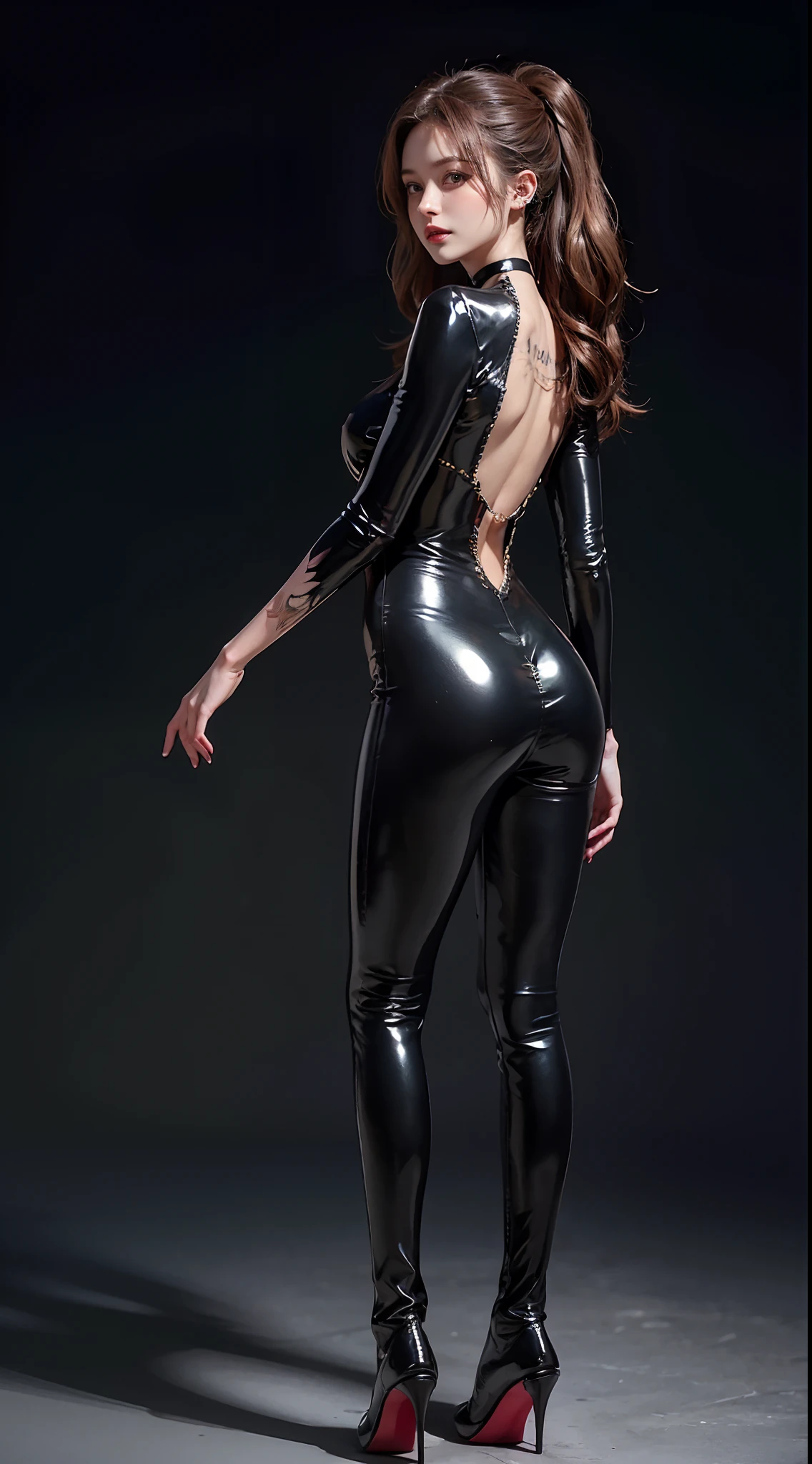 Anne Hathaway has waist-length brown hair,huge breasts ,Wearing a ping tight-fitting shiny skirt, topless ,Whole body diagram,Realistic style