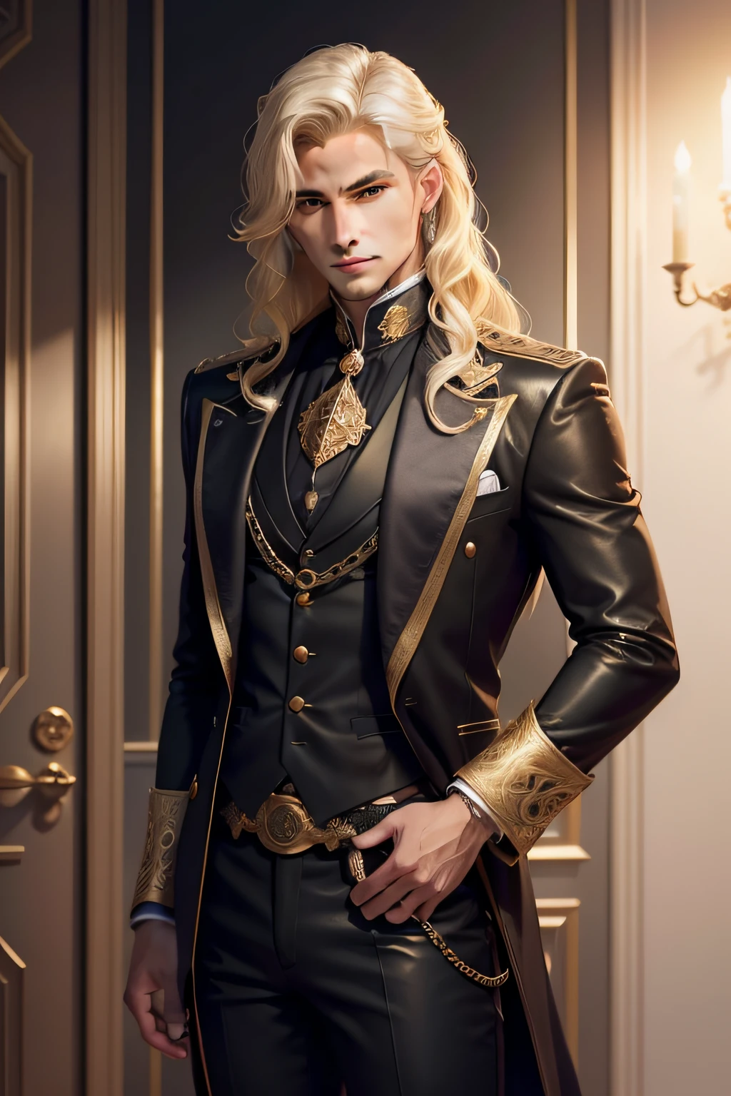 He is a young noble and extremely rich man, who inherited a vast fortune and a powerful title. His yellow hair is short and wavy, decorated with golden rings and chains. His brown skin is smooth and handsome, and his eyes are a dark shade of brown. He is medium height and fit, with a casual posture and a charming smile. He likes to wear lavish clothes, such as velvet jackets, leather pants, and boots. He is adventurous and generous, always seeking new experiences and helping those in need. He is also brave and loyal, with a sense of justice and honor.