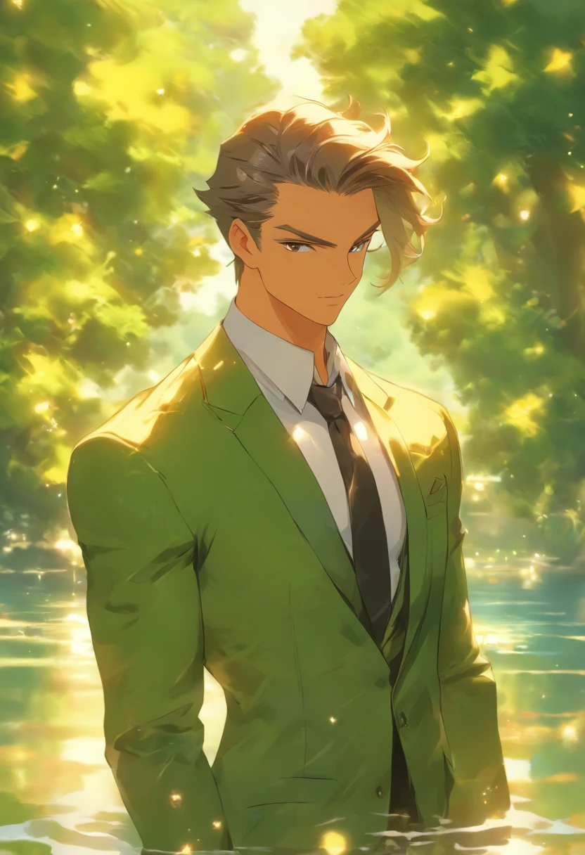 (best quality,highres,masterpiece:1.2),ultra-detailed,realistic:1.37,a man standing in the body position of a person holding hands,hands interlocked with fingers,tall man with muscular build,strong facial structure,piercing eyes,sharp jawline,perfectly styled facial hair,fashionable black suit,crisp white shirt,matching black tie and cufflinks,well-groomed hair with slicked-back style,focused and confident expression,standing in a lush green garden surrounded by colorful flowers and blooming trees,sunlight filtering through the leaves,casting a gentle golden glow,lush green grass under his feet,background features a serene lake with sparkling water,clear blue skies with fluffy white clouds,subtle reflections of the man and trees on the lake's surface,a peaceful and serene atmosphere,creating a sense of harmony and tranquility,impressionist style with vibrant colors and textured brushstrokes,soft and warm color palette with a mix of greens, blues, and yellows,dappled light and shade,enhancing the depth and realism of the image.