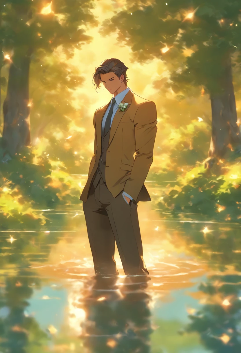 (best quality,highres,masterpiece:1.2),ultra-detailed,realistic:1.37,a man standing in the body position of a person holding hands,hands interlocked with fingers,tall man with muscular build,strong facial structure,piercing eyes,sharp jawline,perfectly styled facial hair,fashionable black suit,crisp white shirt,matching black tie and cufflinks,well-groomed hair with slicked-back style,focused and confident expression,standing in a lush green garden surrounded by colorful flowers and blooming trees,sunlight filtering through the leaves,casting a gentle golden glow,lush green grass under his feet,background features a serene lake with sparkling water,clear blue skies with fluffy white clouds,subtle reflections of the man and trees on the lake's surface,a peaceful and serene atmosphere,creating a sense of harmony and tranquility,impressionist style with vibrant colors and textured brushstrokes,soft and warm color palette with a mix of greens, blues, and yellows,dappled light and shade,enhancing the depth and realism of the image.