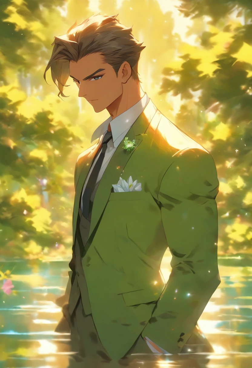 (best quality,highres,masterpiece:1.2),ultra-detailed,realistic:1.37,a man standing in the body position of a person holding hands,hands interlocked with fingers,tall man with muscular build,strong facial structure,piercing eyes,sharp jawline,perfectly styled facial hair,fashionable black suit,crisp white shirt,matching black tie and cufflinks,well-groomed hair with slicked-back style,focused and confident expression,standing in a lush green garden surrounded by colorful flowers and blooming trees,sunlight filtering through the leaves,casting a gentle golden glow,lush green grass under his feet,background features a serene lake with sparkling water,clear blue skies with fluffy white clouds,subtle reflections of the man and trees on the lake's surface,a peaceful and serene atmosphere,creating a sense of harmony and tranquility,impressionist style with vibrant colors and textured brushstrokes,soft and warm color palette with a mix of greens, blues, and yellows,dappled light and shade,enhancing the depth and realism of the image.