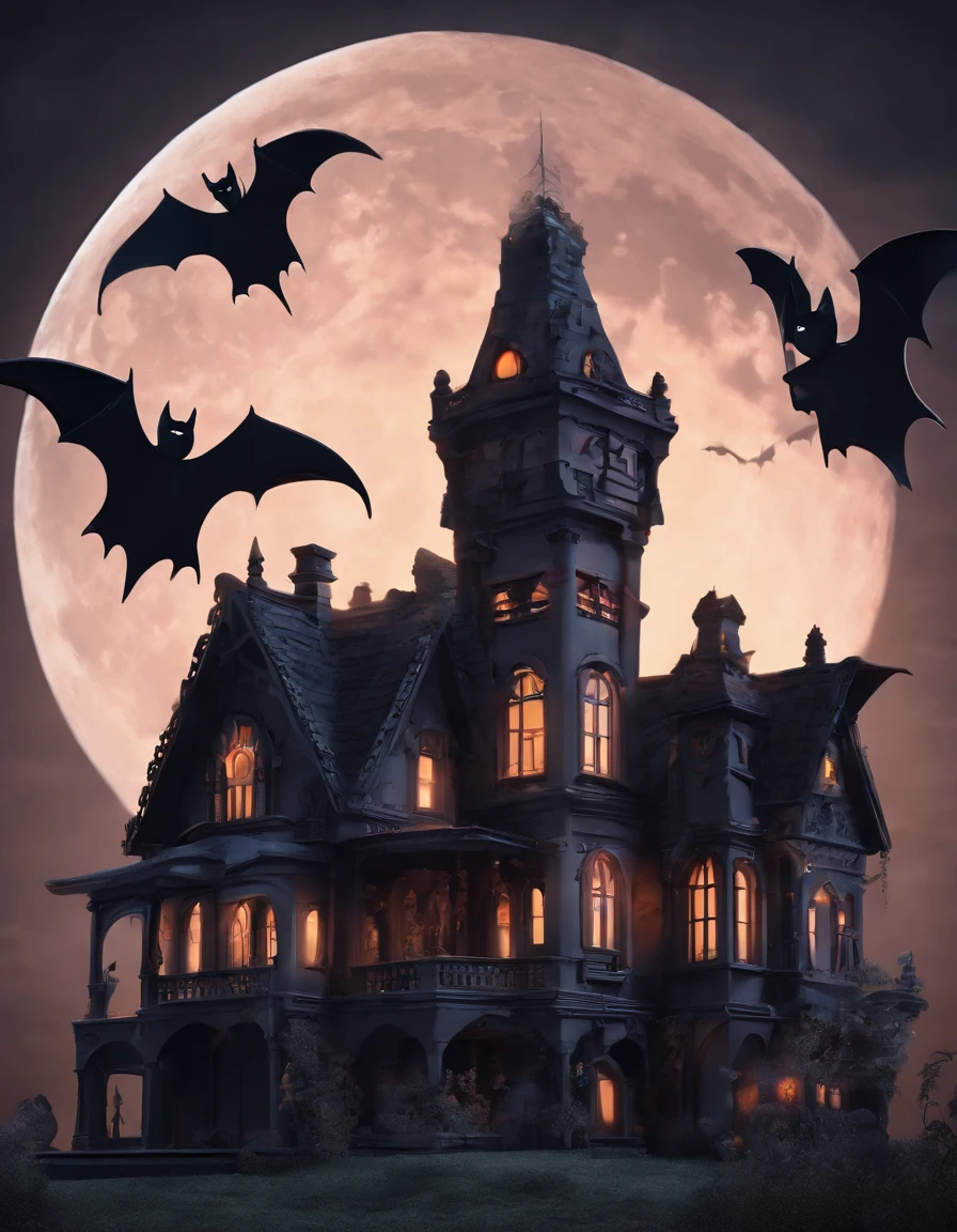 (best quality,4k,8k,highres,masterpiece:1.2),ultra-detailed,(realistic,photorealistic,photo-realistic:1.37),spooky cute bat, haunted mansion, full moon, dark atmosphere, gothic architecture, eerie shadows, misty surroundings, moonlight reflection, intense eyes, flapping wings, creaking doors, mystical creatures, mysterious atmosphere, hauntingly beautiful, mystical moonlit sky, enchanting ambience, bats flying, haunted aura, spooky charm, night-time drama, Victorian-style mansion, majestic presence, ominous vibes, hauntingly magical, twisted tree branches, glowing moonlight, creepy elegance, abandoned feel, eerie silence, mystical atmosphere, haunted charm, gloomy backdrop, spooky cuteness, bewitching scenery, chillingly adorable bat, ghostly aura, dark secrets, ominous beauty, supernatural elements, mysterious allure, spooky fantasy, eerie allure.