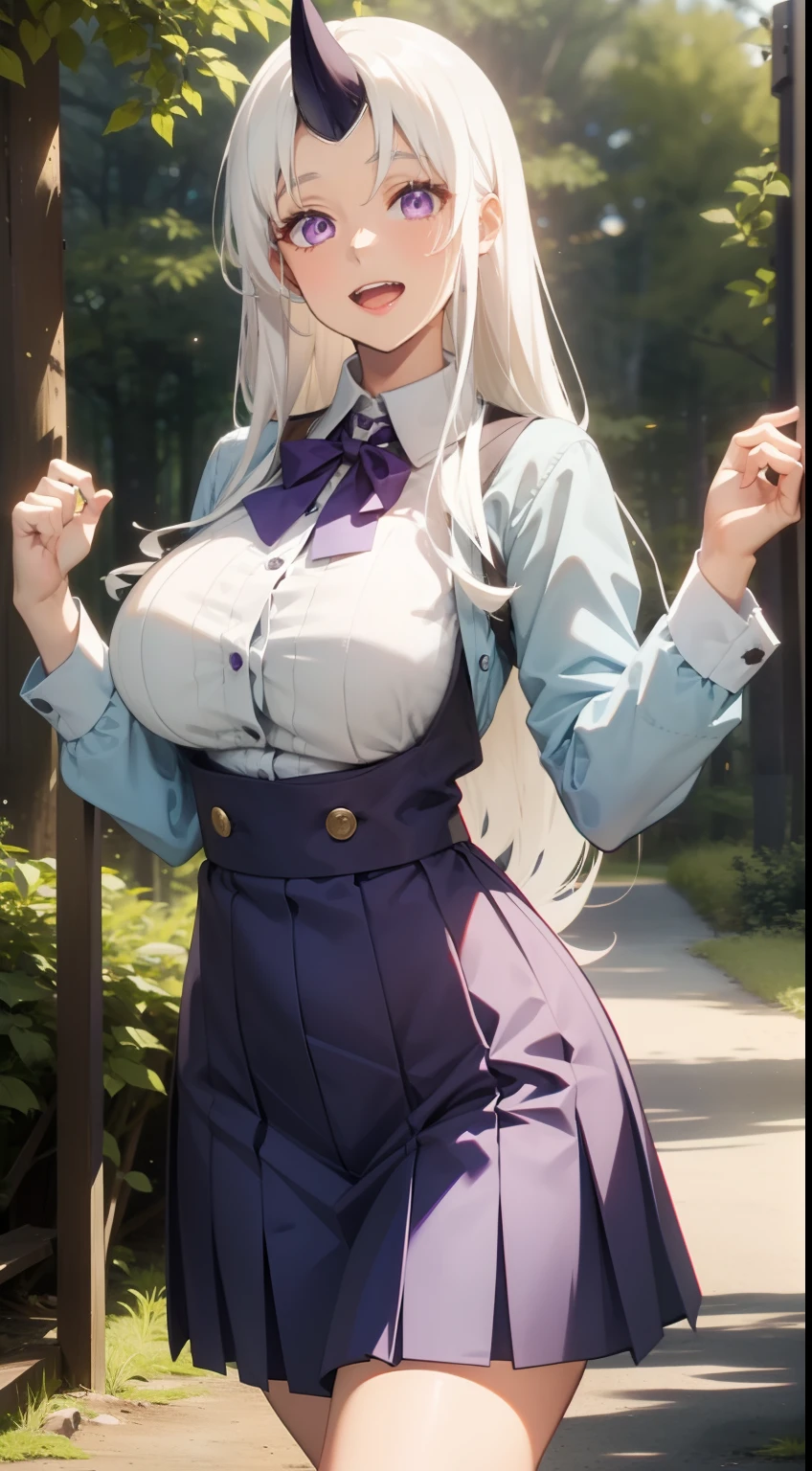 1woman,solo,40s,happy face,teacher outfit,medium tits, white hair,long hair,purple eyes,horn,standing in front of a forest, mouth open,