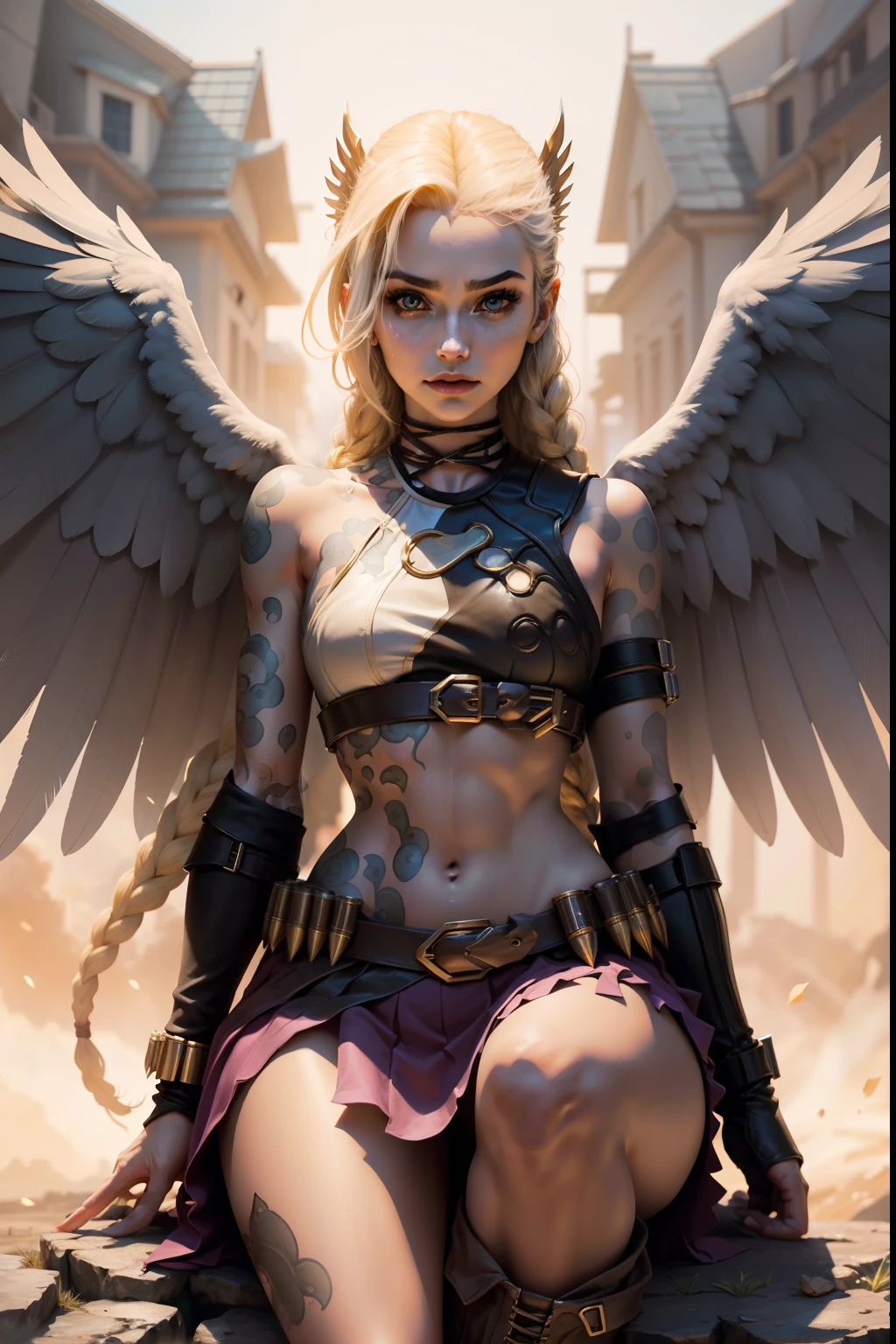 DC Comics' "Hawkwoman" is Shiera Hall, a Hawkgirl in DC Comics. She is often portrayed with the following physical characteristics:
Hair: Shiera Hall has long blonde hair, usually worn loose or slightly wavy.
Eyes: Her eyes are portrayed as blue or green, depending on artistic interpretation.
Outfit: Shiera Hall's classic outfit consists of a warrior outfit that includes golden or tan armor that covers her chest and shoulders. She wears a skirt or tunic also in shades of bronze, as well as boots and bracelets.
Wings: Like Hawkgirl, Shiera has artificial wings on her back that allow her to fly. These wings are often depicted with a metallic appearance.
Clothing: Kendra Saunders's attire is generally more modern and combat-oriented than Shiera Hall's. She wears a full-body costume, often in black and silver, with wing details incorporated into the back and tall boots.
weapon used: The hawk halberd is a long-handled spear, usually made of some metallic or futuristic material, depending on the artistic interpretation and series. She is notable for having sharp blades on her ends, which resemble hawk wings, which is a reference to her name and her connection to the bird., (slender body: 1.5), (Minimum clothing: 1.5), ( big breasts: 1.3), (hanging breasts: 1.5), (disproportionate breasts: 1.4), (realism:1.5), (Realisitc:1.4), (Absurd:1.4), 8k, ultra-detailed, detailed handsome man, (only :1.4), 1girl, (Viewer facing:1.2), Intricate body details, (Curvy:1.3), (short:1.3)
