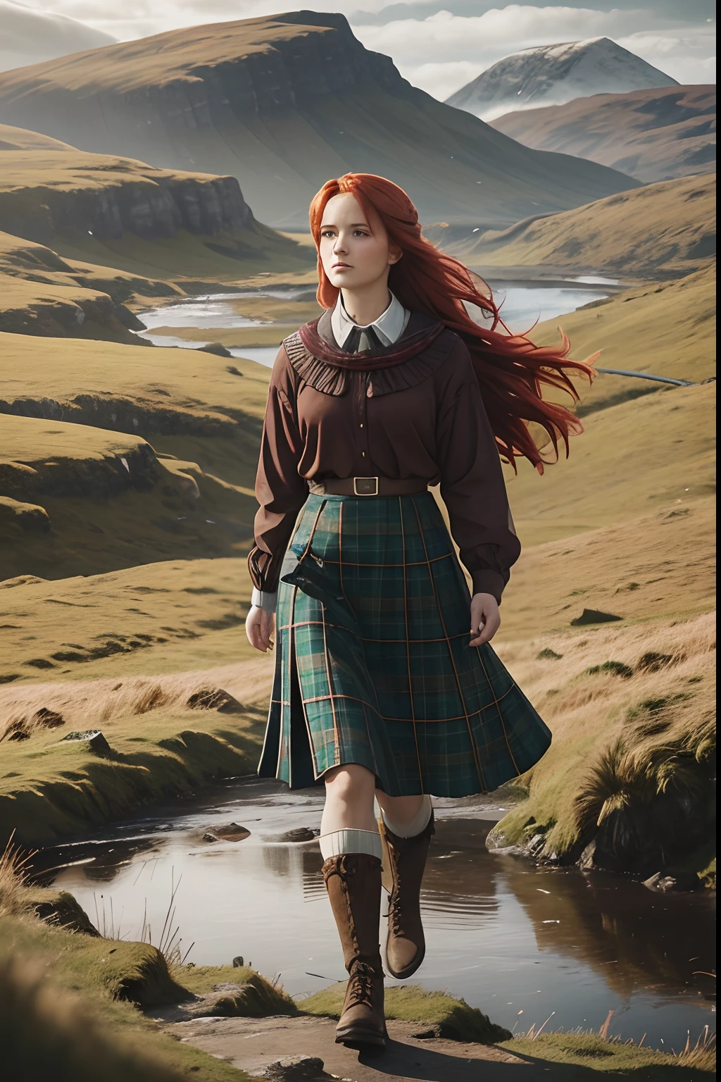 A Scottish woman, with flaming red hair in traditional plaits, standing amidst rolling green hills of the Scottish Highlands::8. She is adorned in a sophisticated tartan garment that subtly speaks of her proud Scottish heritage. A gentle breeze is playing through her skirts and locks, symbolizing the unbroken spirit of Scotland. The overcast Rob Roy-esque environment surrounds her with ancient menhirs standing tall in the distance::7. The majestic mountains looming in the backdrop have a smoky haze around them, reflecting the mysterious charm of these lands. The atmosphere is filled with raw emotions, echoing tales of battles won and lost, tales of undying love and profound sorrow::5. The mood can be best captured with a Hasselblad H6D-100c, using a wide aperture of f/2 to capture that dreamy look. The Rembrandt lighting will add depth to her chiseled features and the overall scene::6. She characterizes the undying spirit of Scotland, portraying resilience yet an eerie, ethereal beauty.