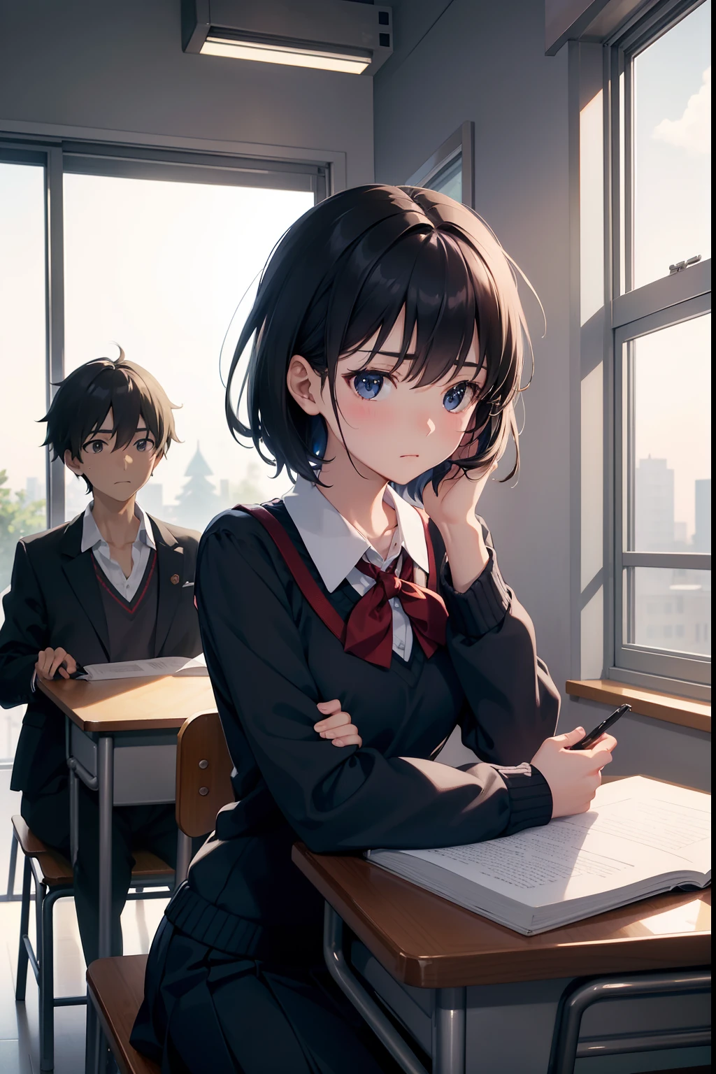 Anime girl sitting at a desk with her hand on her chin - SeaArt AI