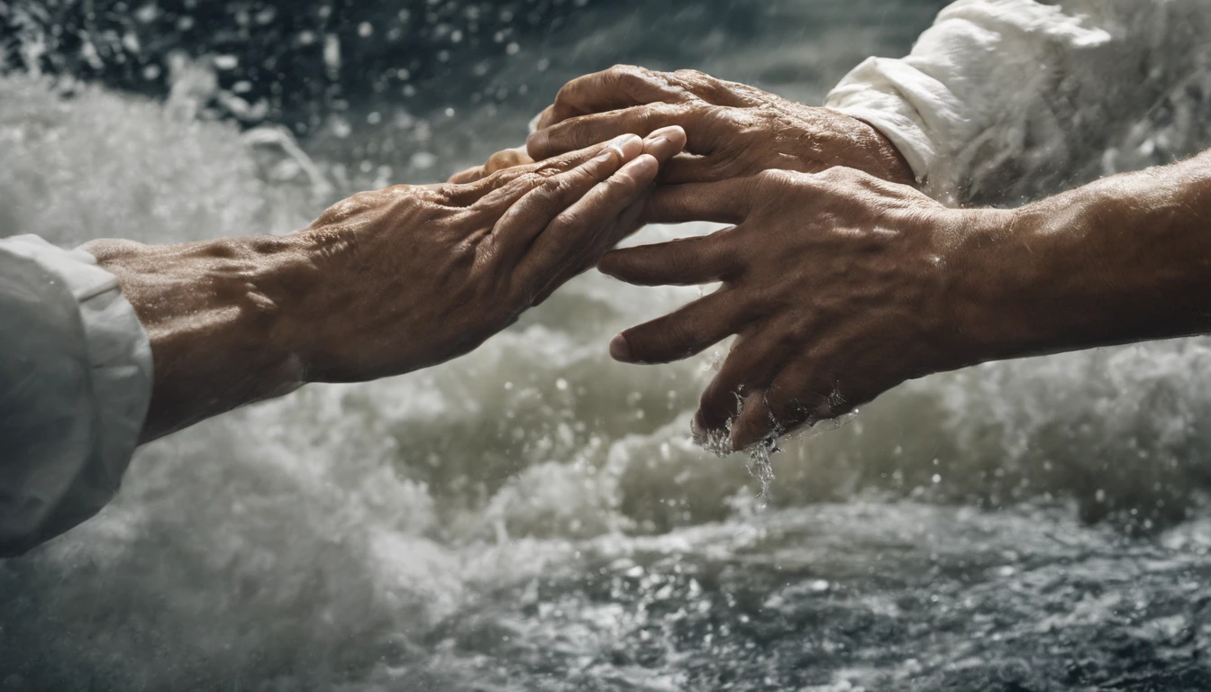 SENTIDO DO CINEMA，lindo dia em uma cachoeira Ondas branco-prateadas，Scene of people with their hands joined in prayer and others embracing each other