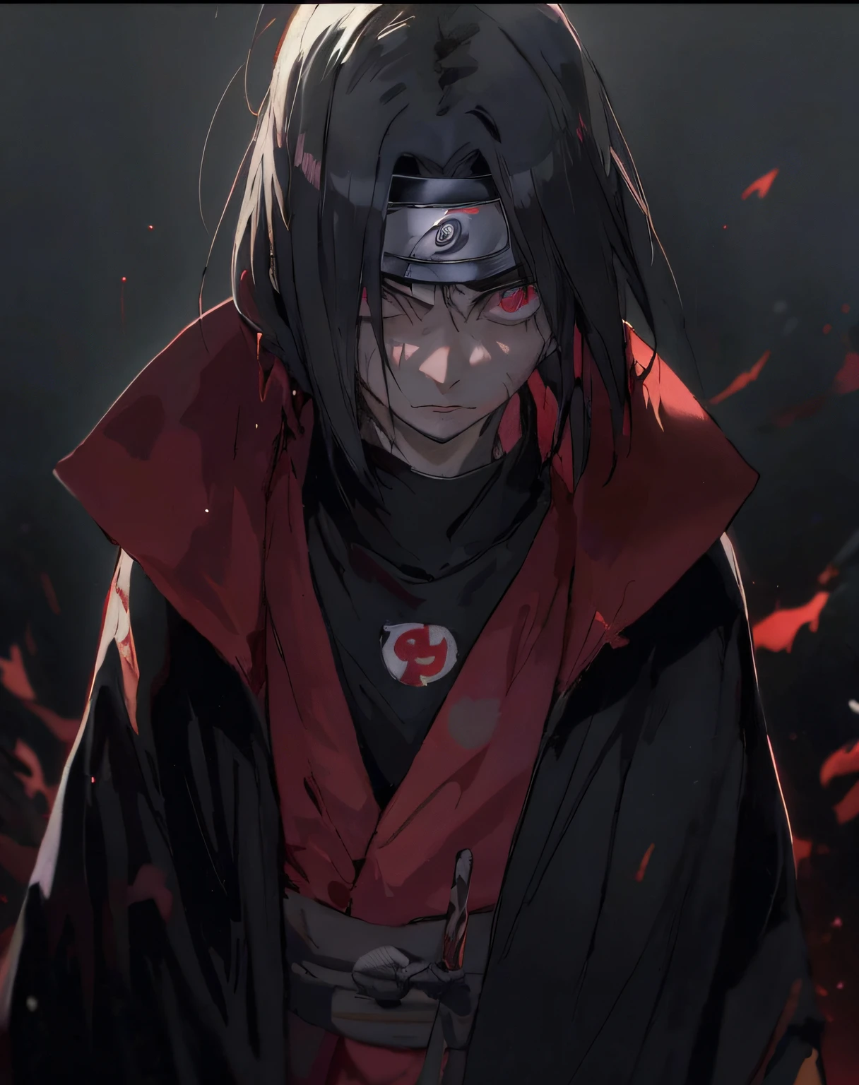 anime, a girl with a black robe and red cape, standing in front of a black background, itachi uchiha, itachi, itatchi uchiha, akatsuki akira, madara uchiha, sasuke uchiha, badass anime 8 k, anime wallaper, ryuu, pain from naruto, 4k anime wallpaper, from naruto