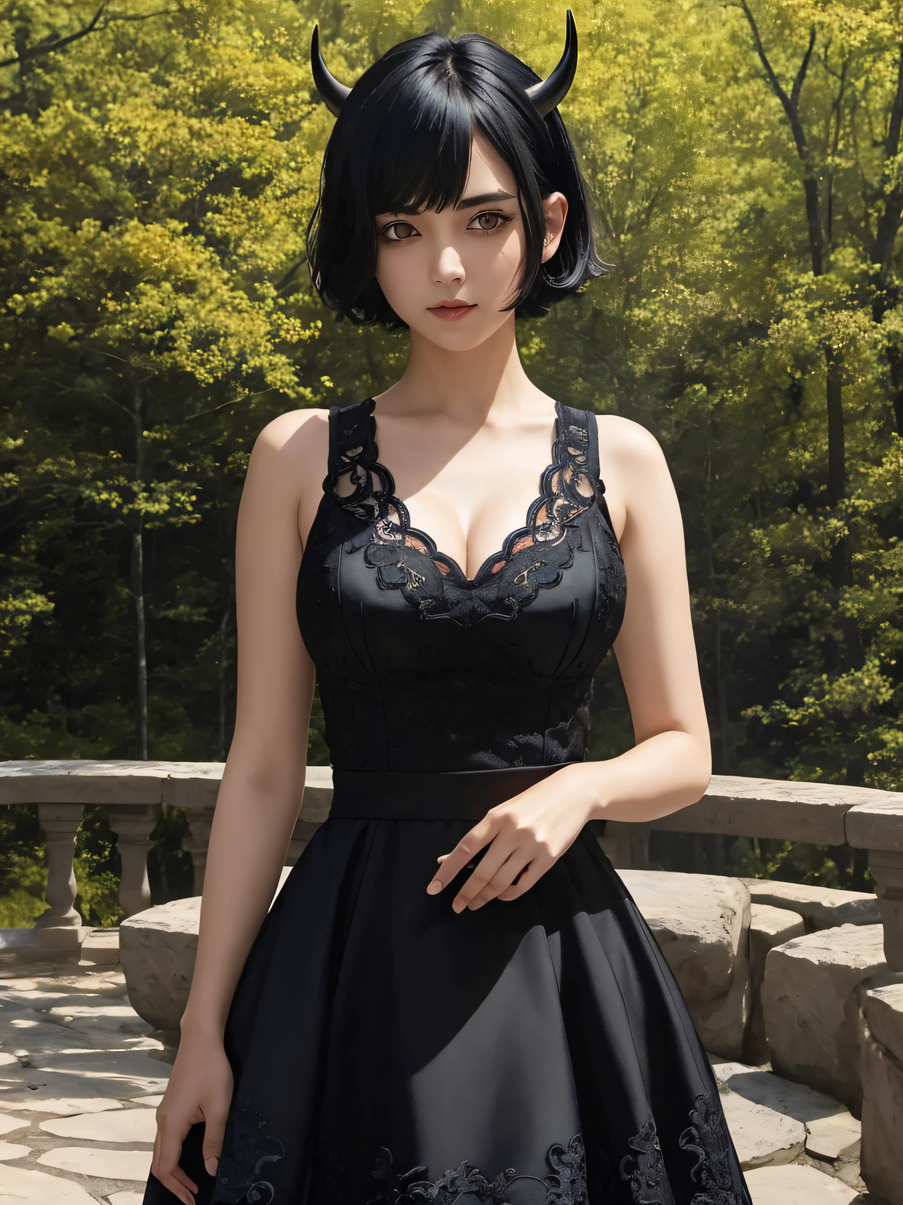 (masterpiece, best quality), intricate details, 1girl, solo, Nero, black hair, short hair, ahoge, red eyes, horns, outdoors, tank top dress, black dress, cleavage, expressionless, looking at viewer,