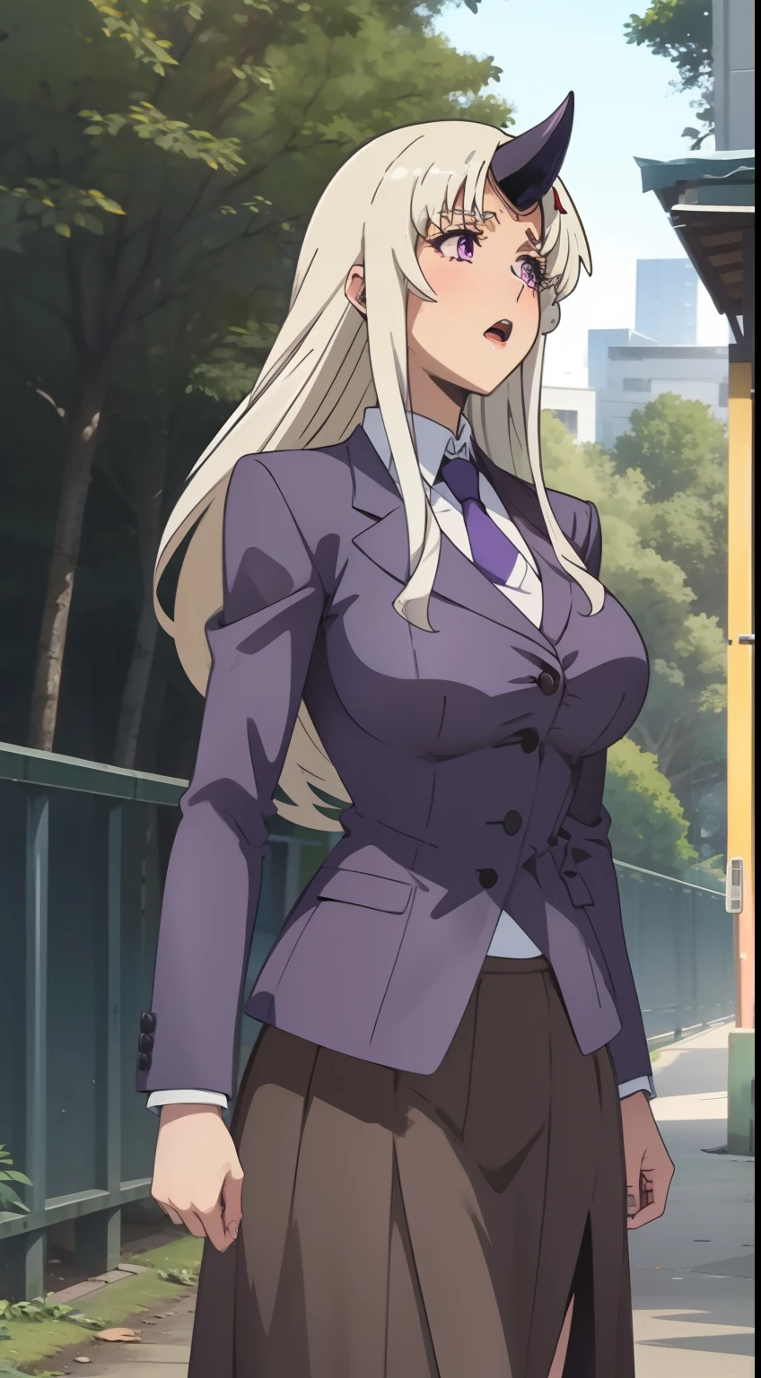 1woman,solo,40s,neutral face,teacher outfit,medium tits, white hair,long hair,purple eyes,horn,standing in front of a forest, mouth open