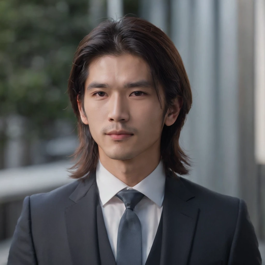 long hair, man, suit, slender, 25 years old, Japan person