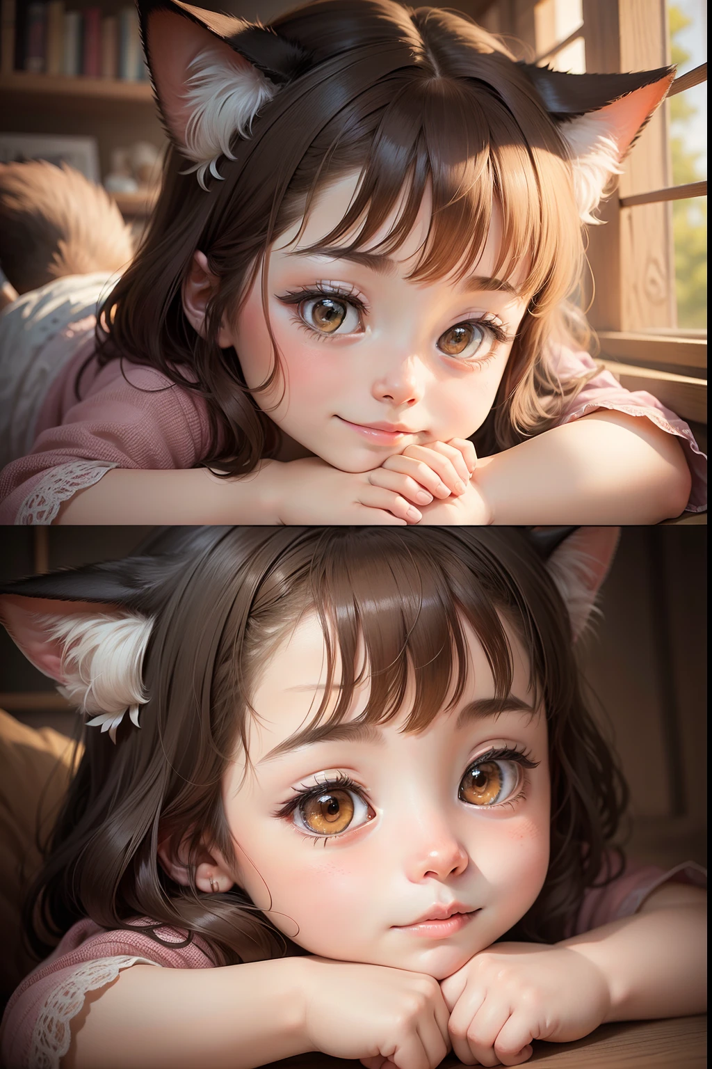 Draw a heartwarming scene of a calico cat and a  girl。The girl is holding the cat gently.、The two lovingly stick nose to nose。The cat closes its eyes in relief、The girl is also smiling。Backgrounds in soft tones、Emphasize the bond and affection between two people。