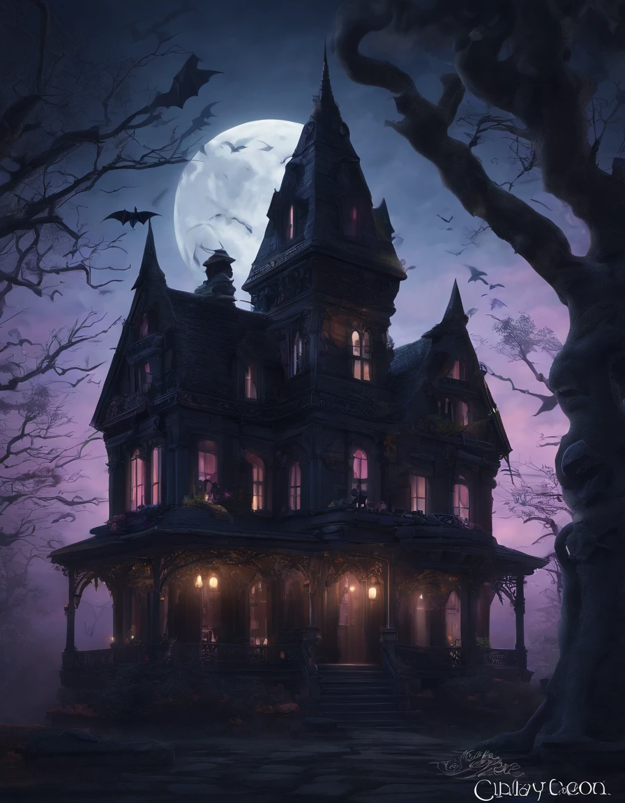 (best quality,4k,8k,highres,masterpiece:1.2),ultra-detailed,(realistic,photorealistic,photo-realistic:1.37),spooky cute bat, haunted mansion, full moon, dark atmosphere, gothic architecture, eerie shadows, misty surroundings, moonlight reflection, intense eyes, flapping wings, creaking doors, mystical creatures, mysterious atmosphere, hauntingly beautiful, mystical moonlit sky, enchanting ambience, bats flying, haunted aura, spooky charm, night-time drama, Victorian-style mansion, majestic presence, ominous vibes, hauntingly magical, twisted tree branches, glowing moonlight, creepy elegance, abandoned feel, eerie silence, mystical atmosphere, haunted charm, gloomy backdrop, spooky cuteness, bewitching scenery, chillingly adorable bat, ghostly aura, dark secrets, ominous beauty, supernatural elements, mysterious allure, spooky fantasy, eerie allure.